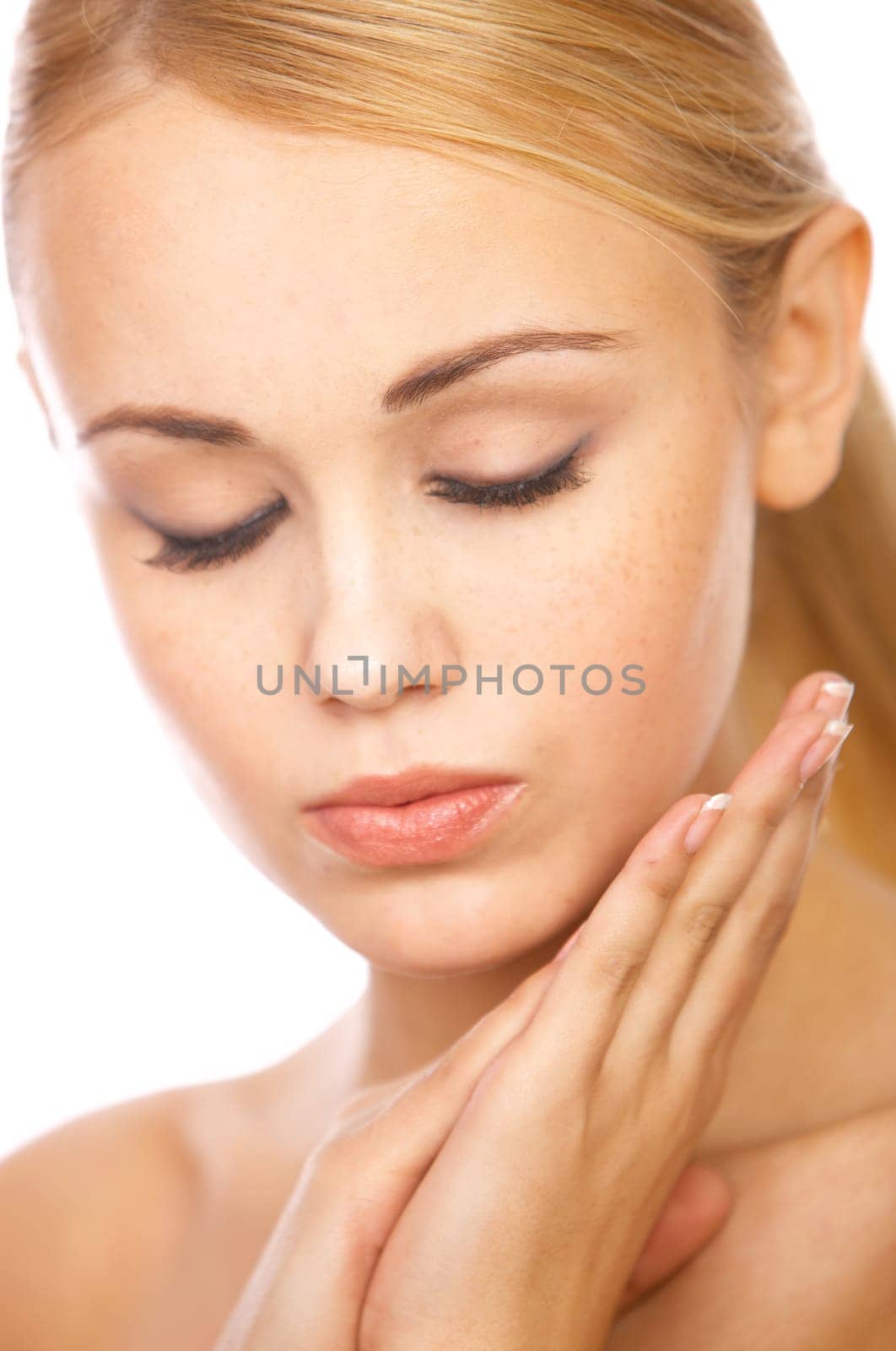 Portrait of cute blond woman, isolated on white