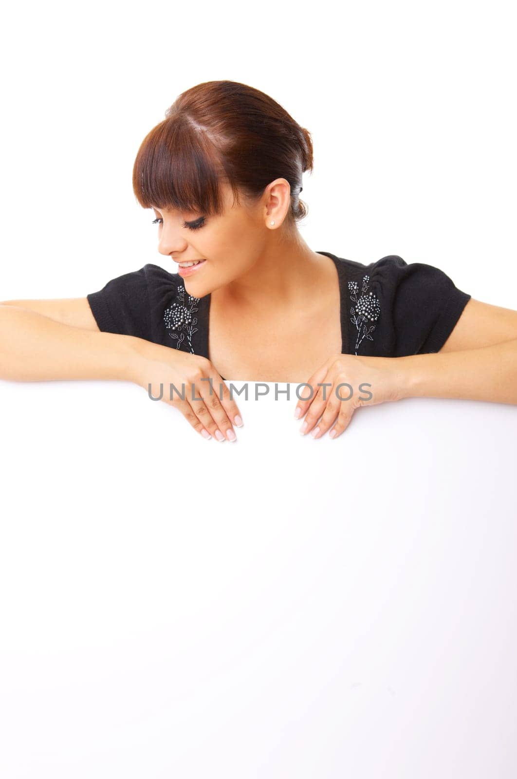 Beautiful business woman holding empty white board