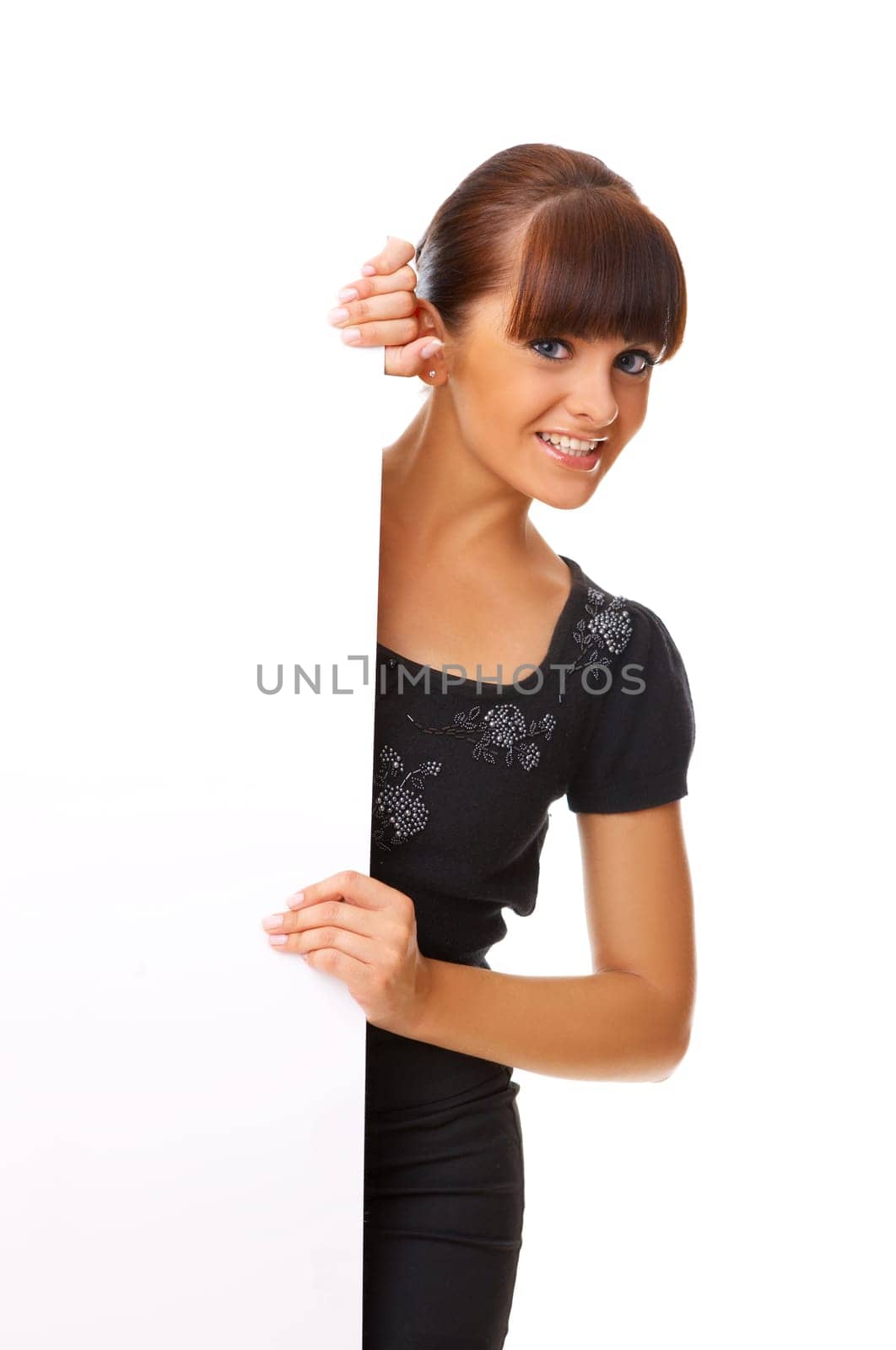 Beautiful business woman holding empty white board