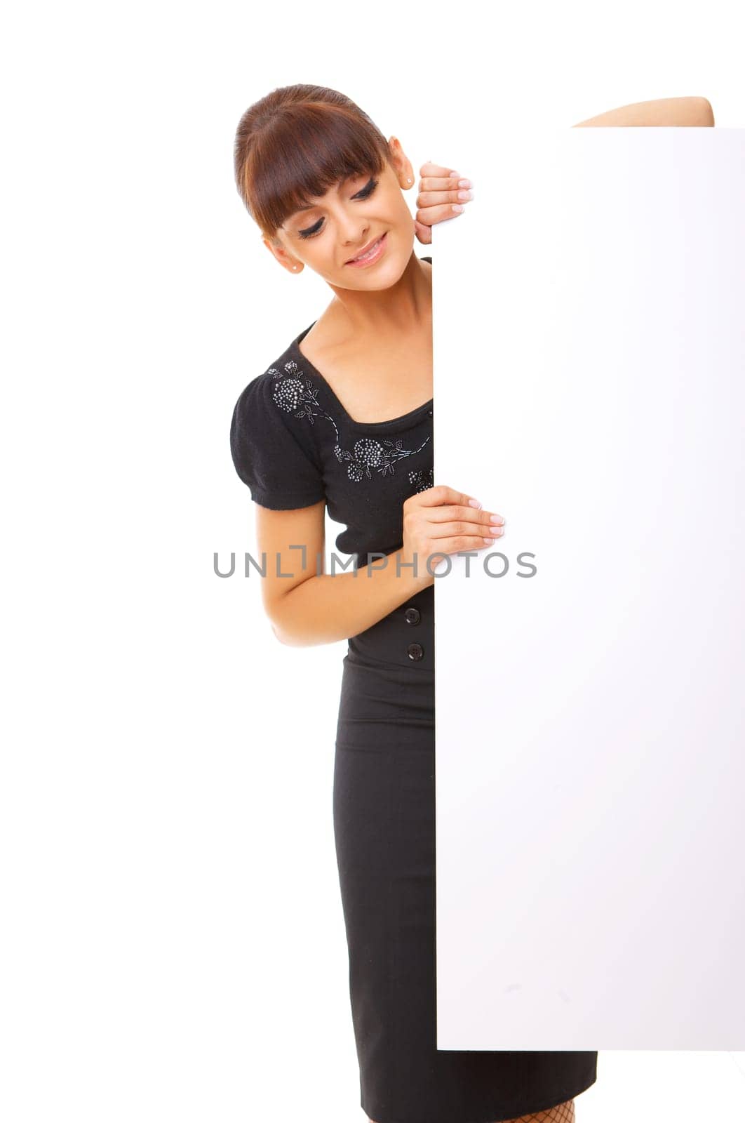 Beautiful business woman holding empty white board