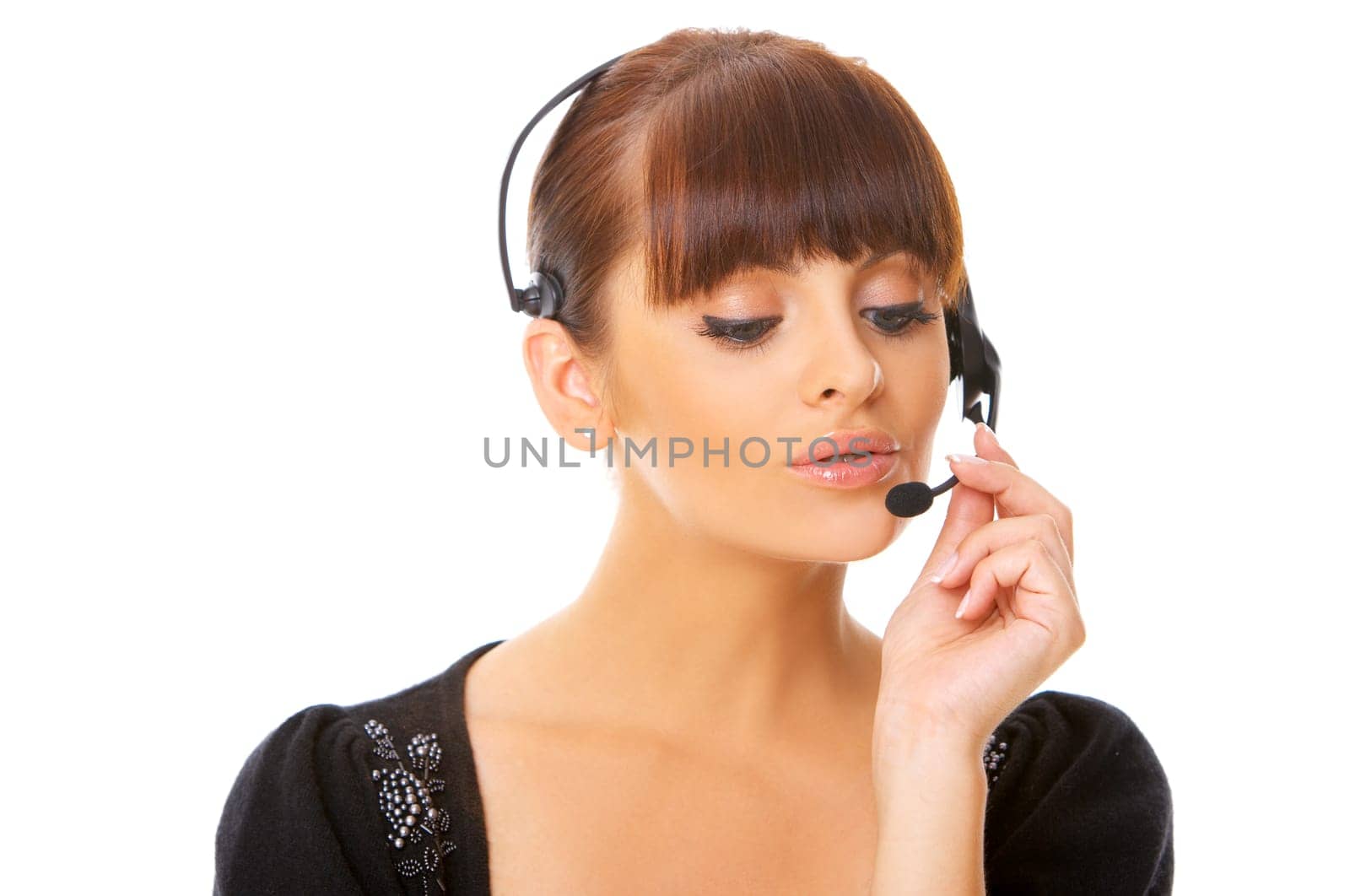 Portrait of beautiful secretary isolated on white