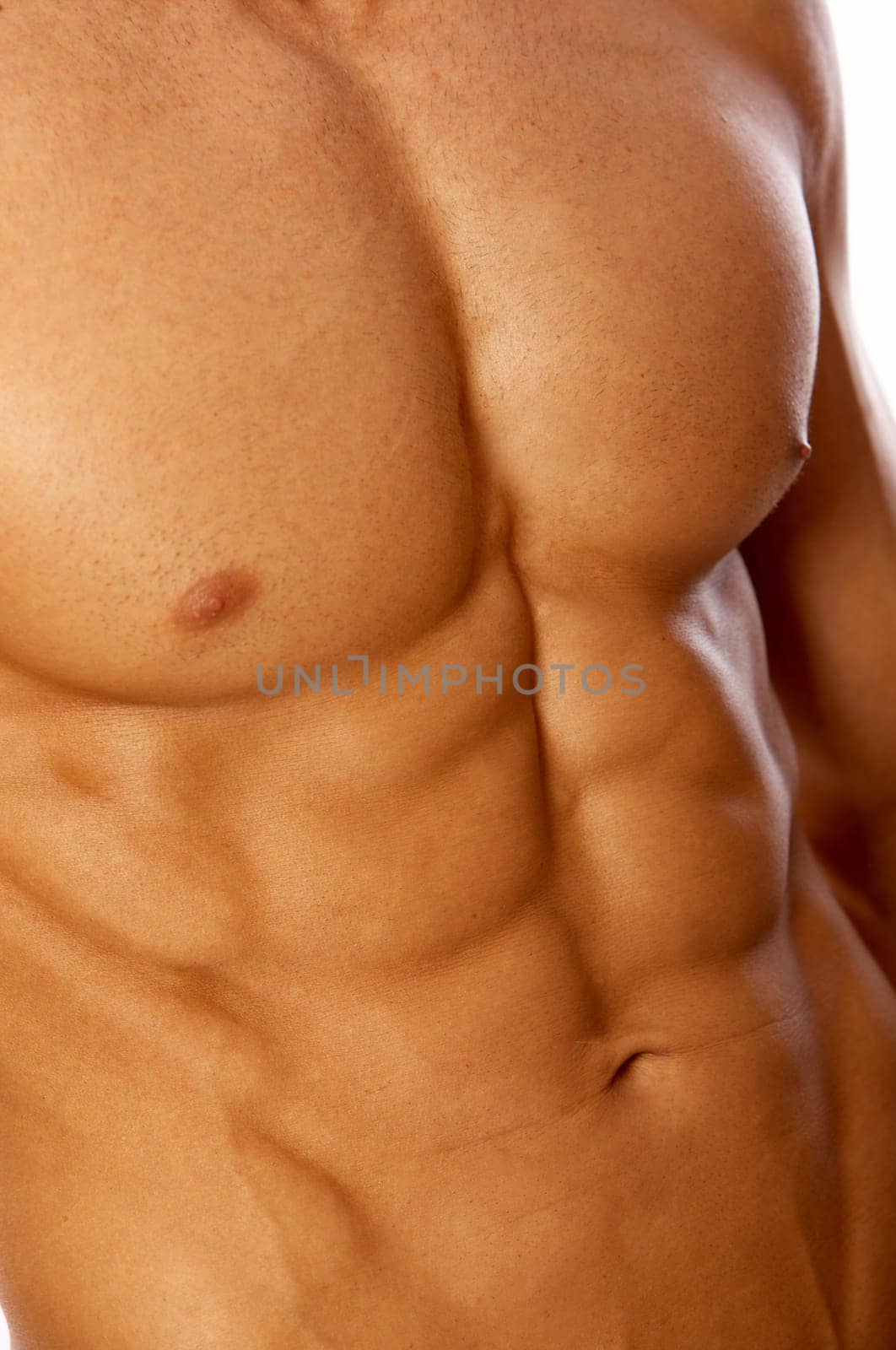 Muscular and tanned male isolated on white