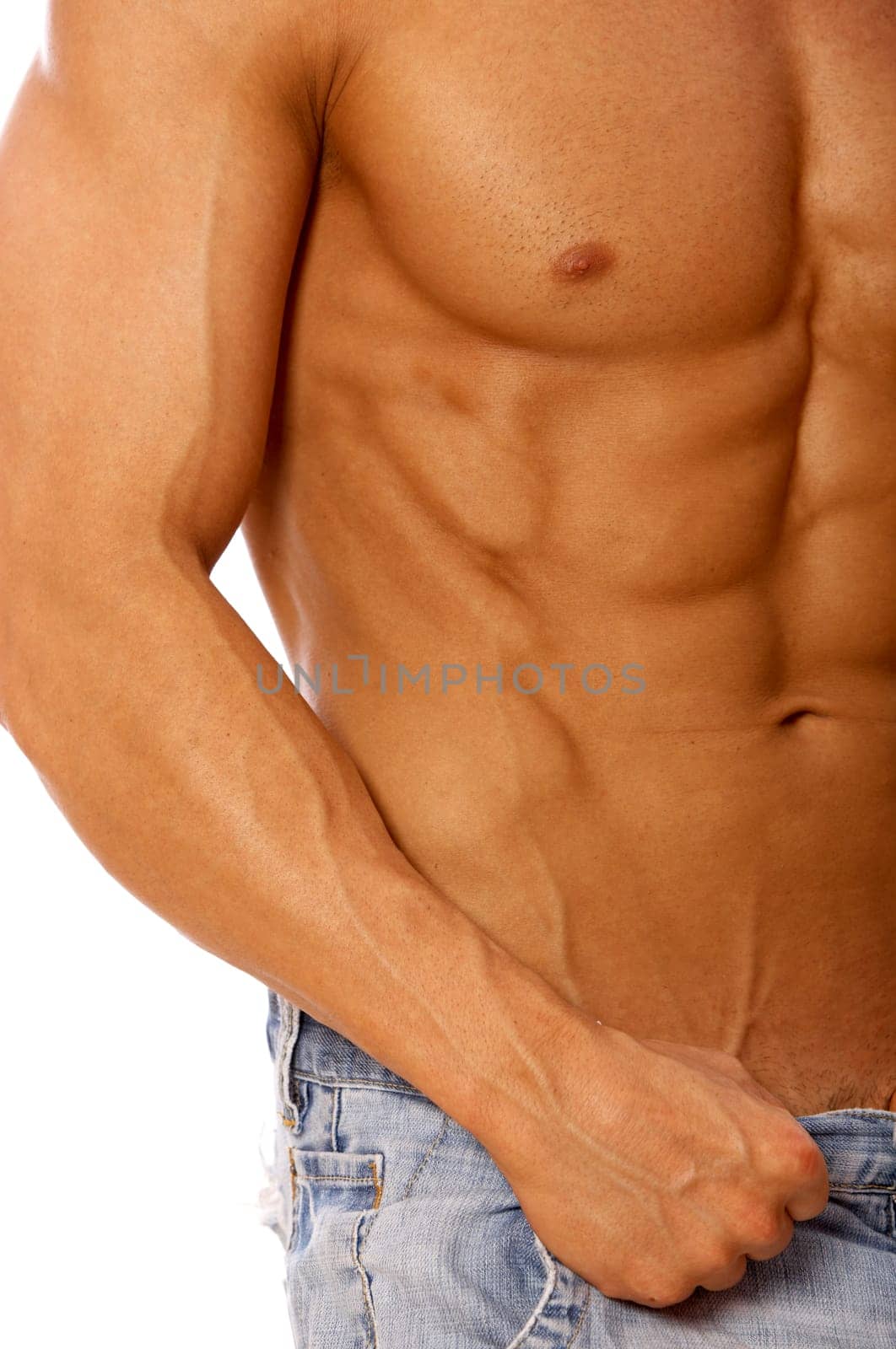 Muscular and tanned male isolated on white