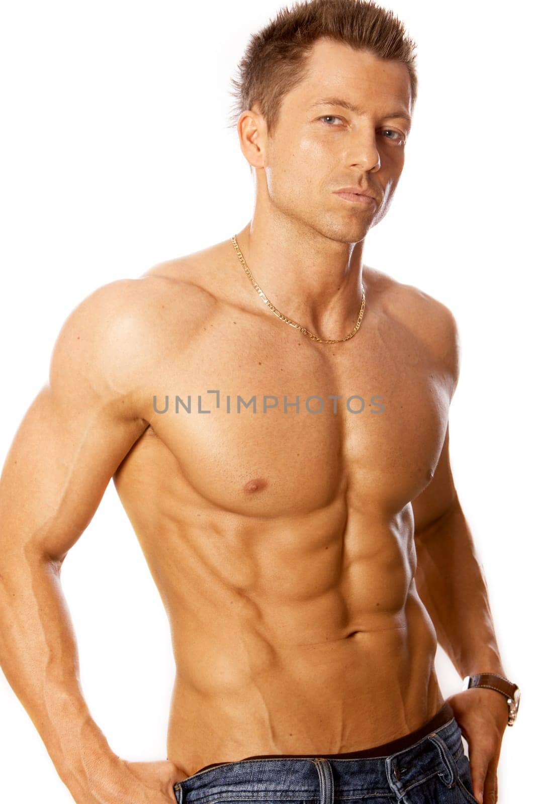 Muscular and tanned male isolated on white