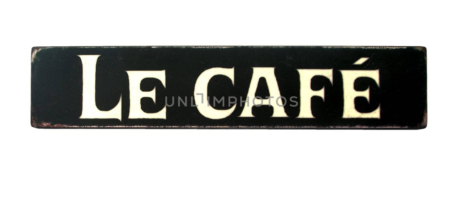Black Signpost with letters. Shows the word Café