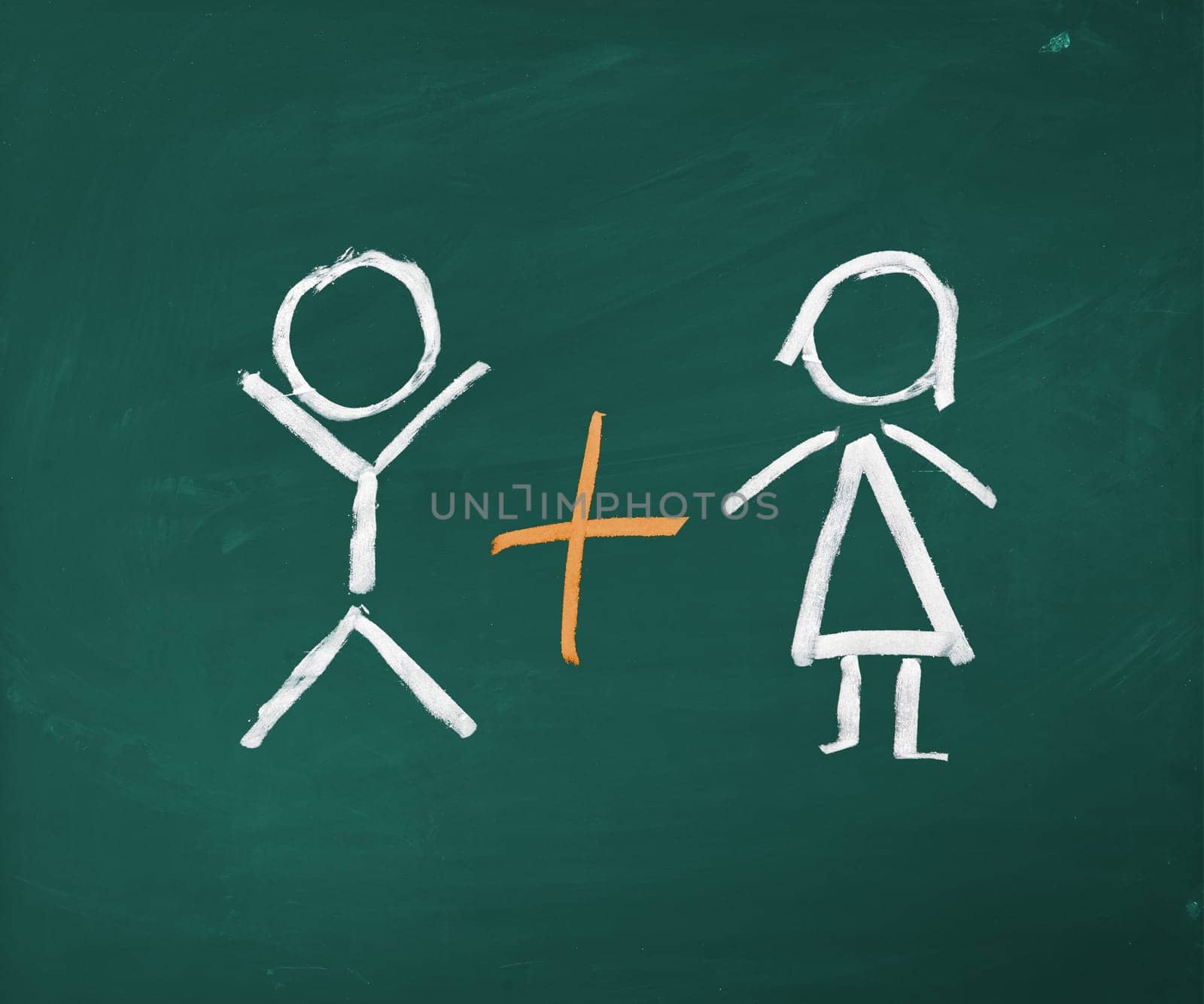 An illustrated patchwork family in chalk on a chalkboard. A man, and a woman with two childs find a new partner