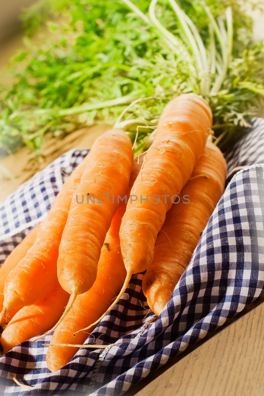 A bunch of bio carrots on a checked blue napkin on a wooden background