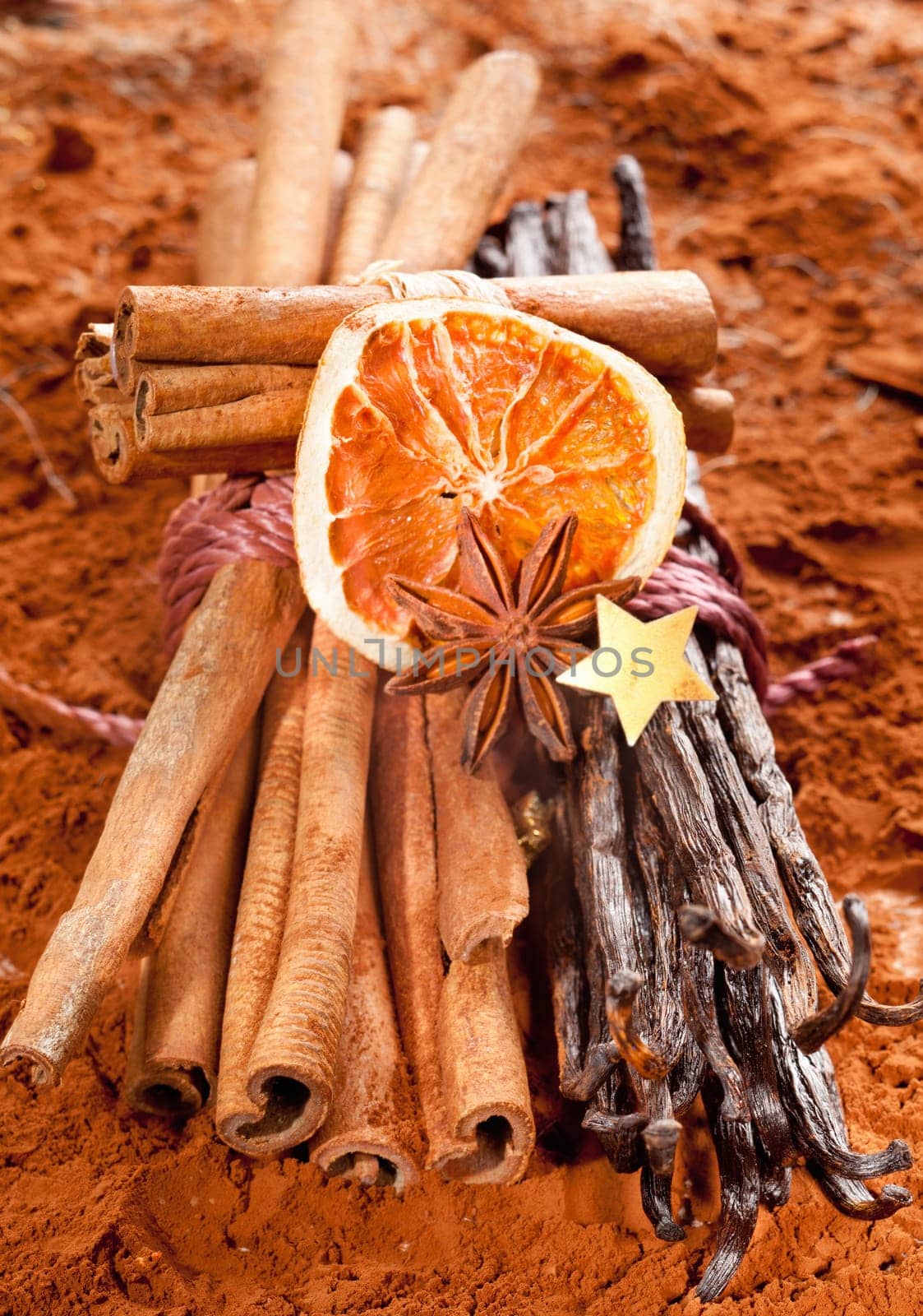 Bundle cinnamon and a bunch of vanilla beans with dried orange fruits on a brown cacao background. With a golden star and anise.