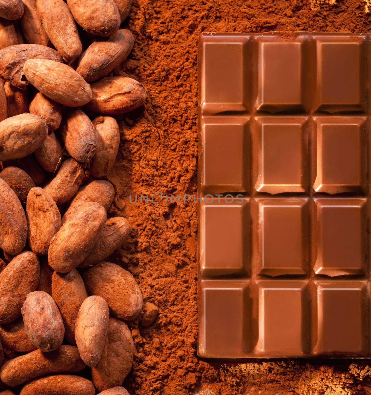 Bar of chocolate from above, with powdered cocoa and cacao beans