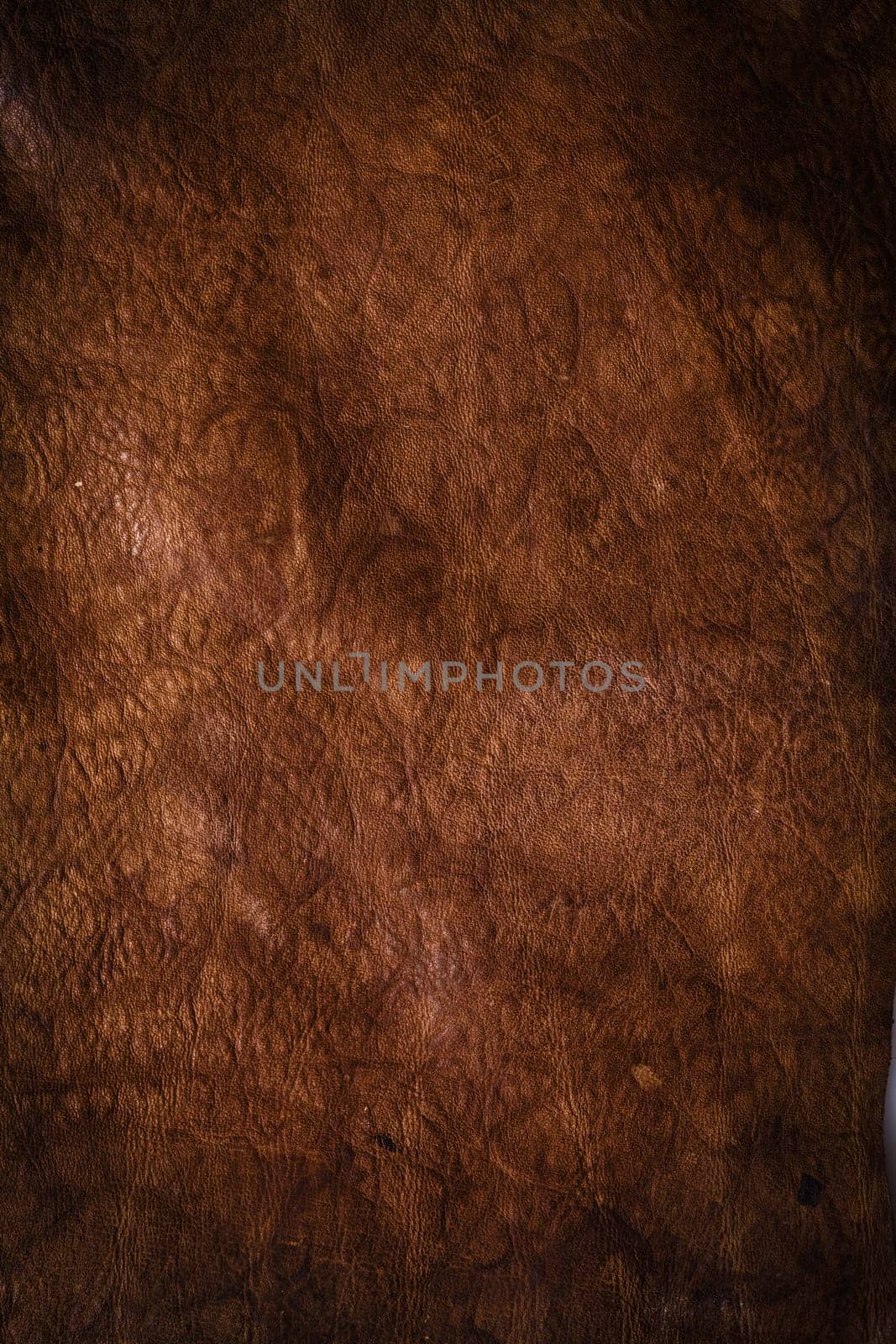Abstract background of dark brown leather with a central highlight, shadows and strong texture