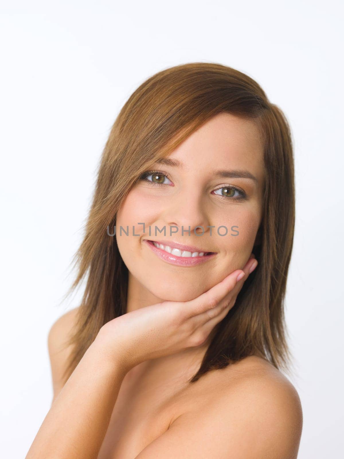 Portrait of beautiful young woman on white background