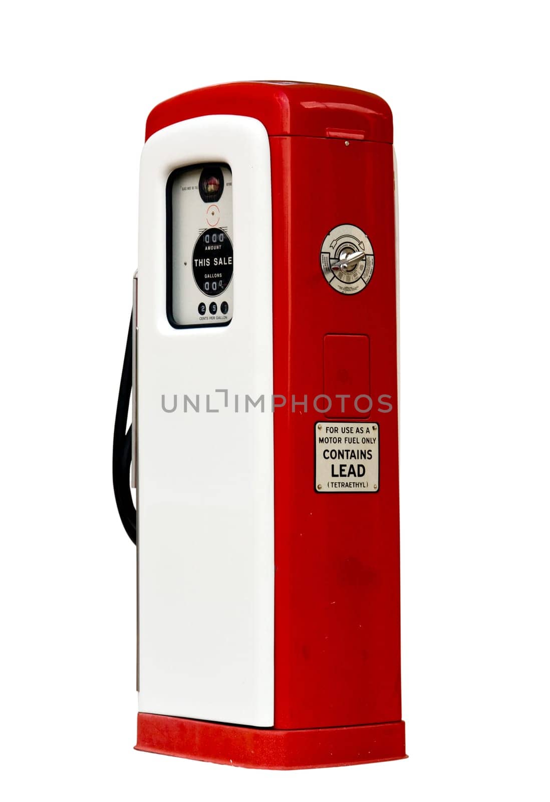 Isolation of old red and white petrol gasoline pump with 25c gas on dials