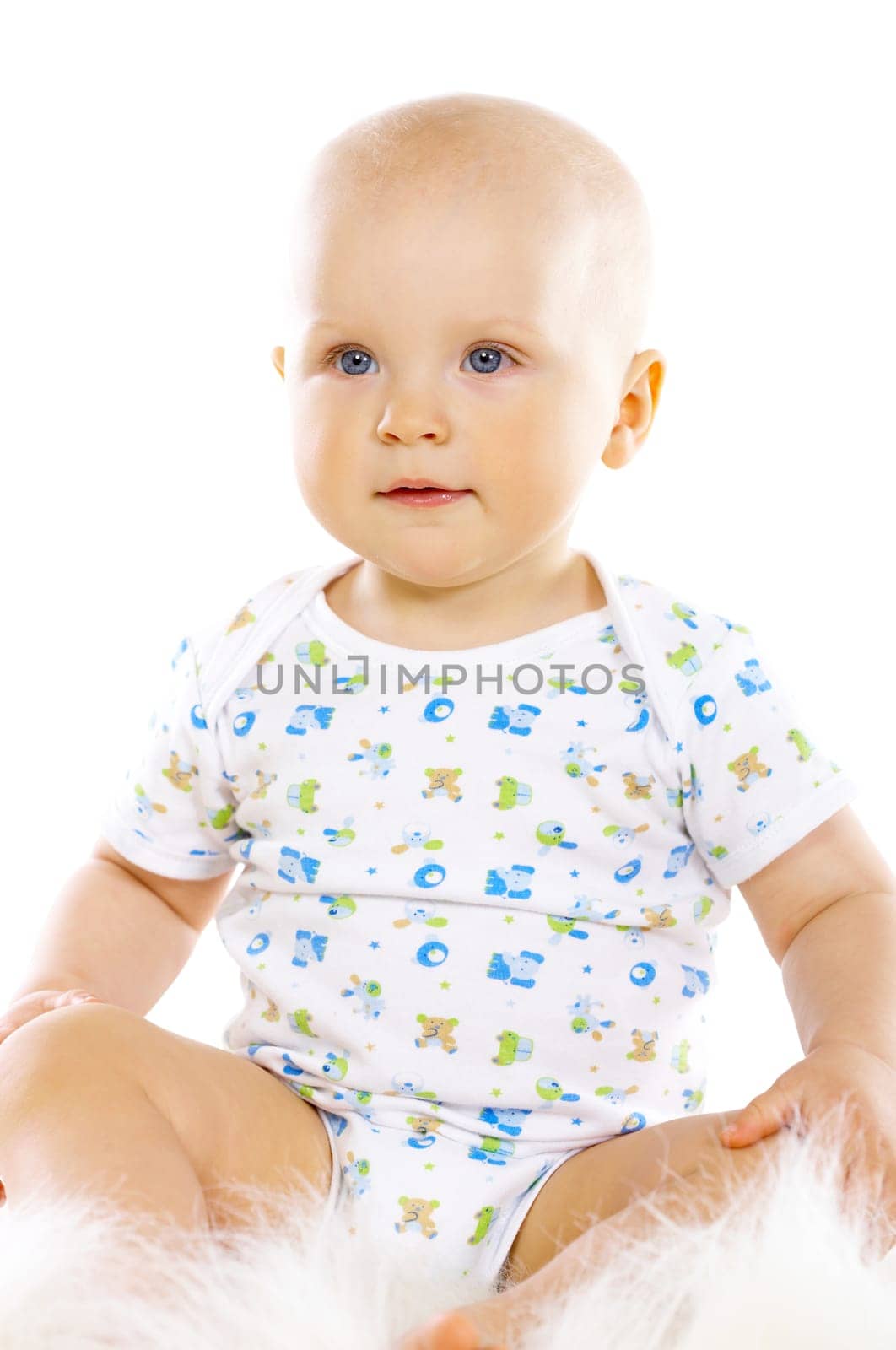 Portrait of sweet little baby boy on white background