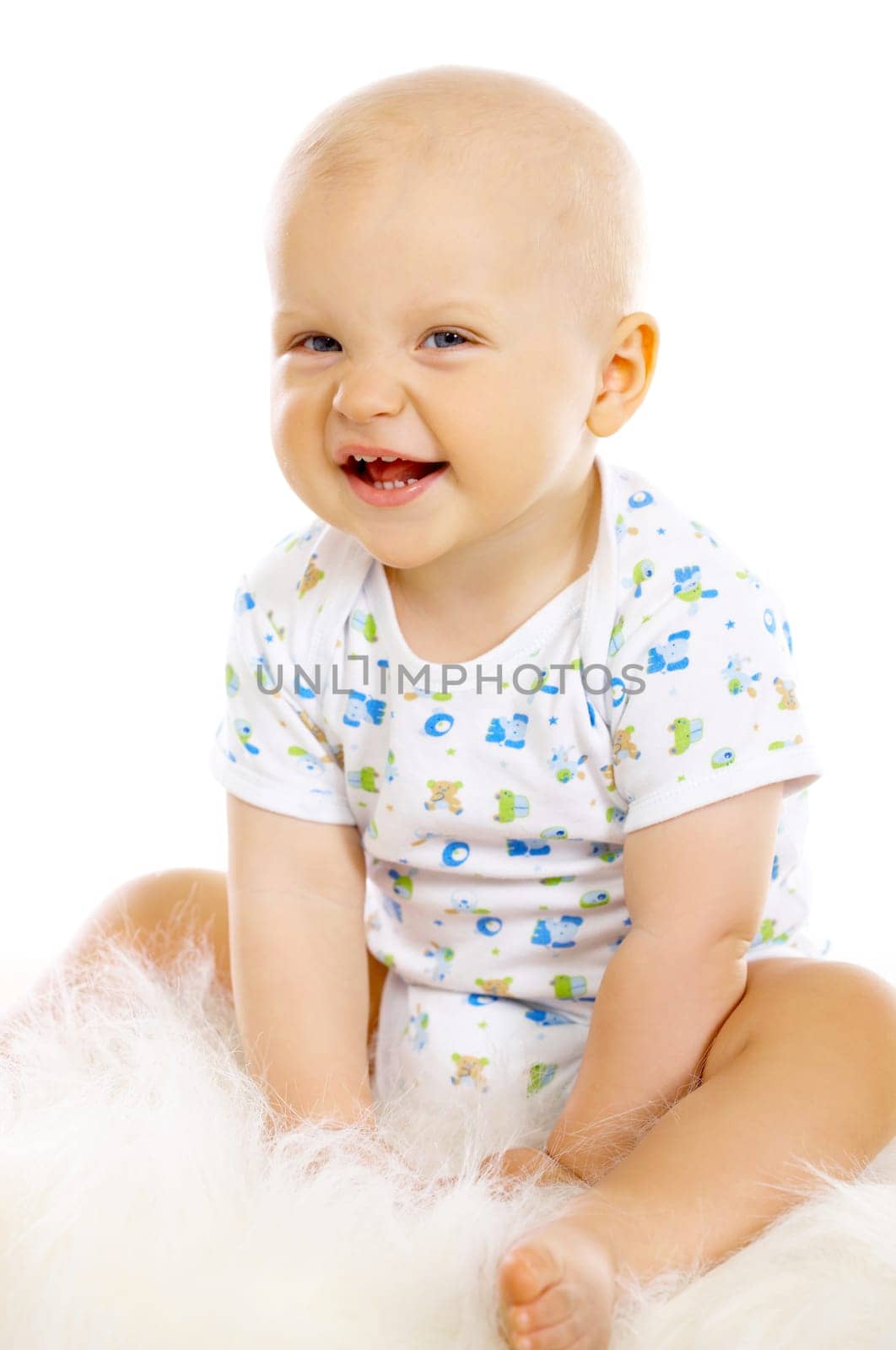 Portrait of sweet little baby boy on white background