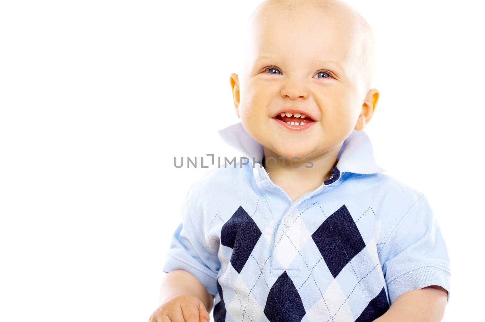 Portrait of sweet little baby boy on white background