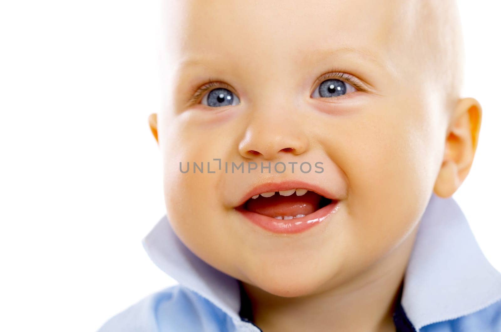Portrait of sweet little baby boy on white background