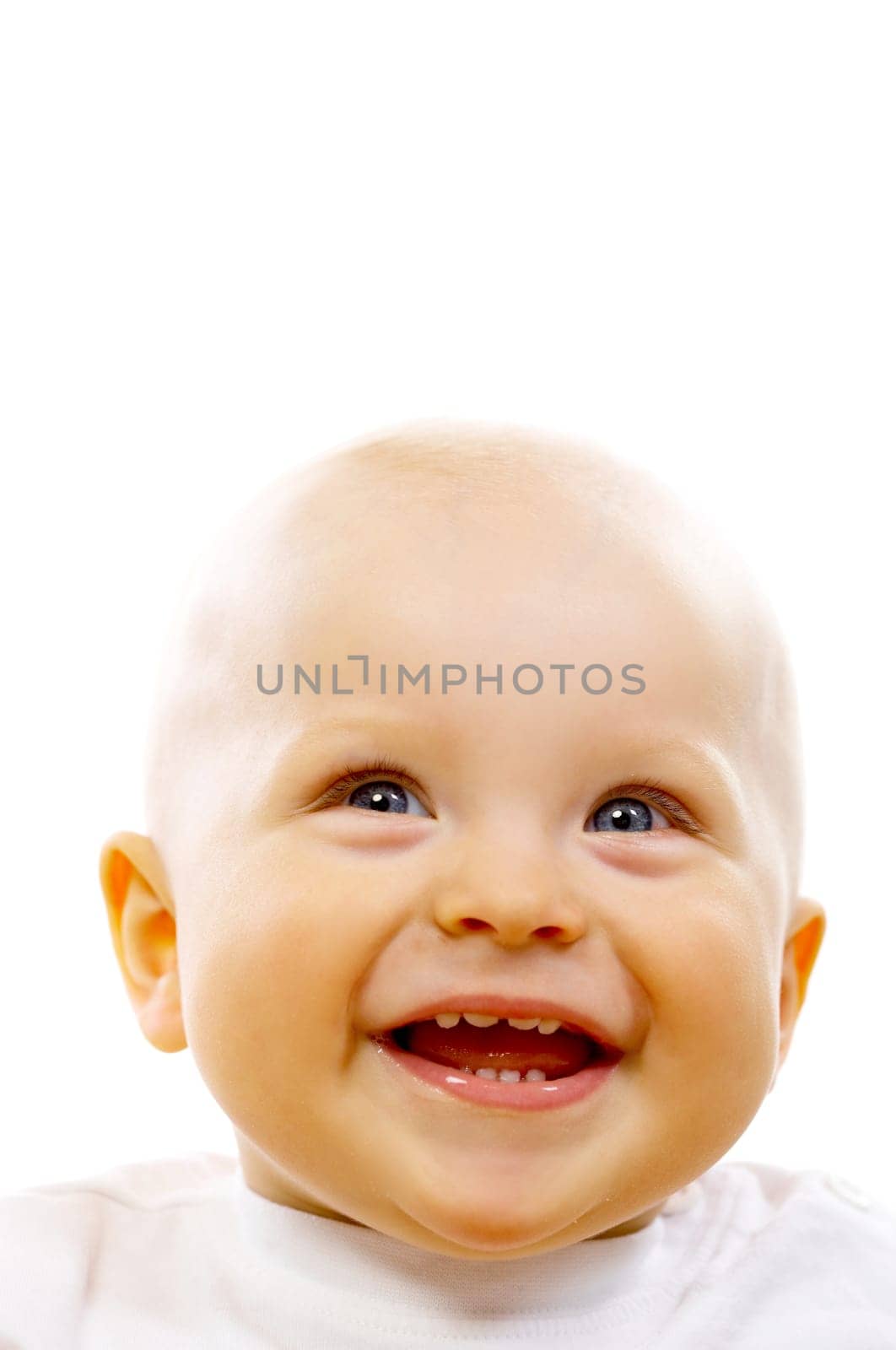 Portrait of sweet little baby boy on white background