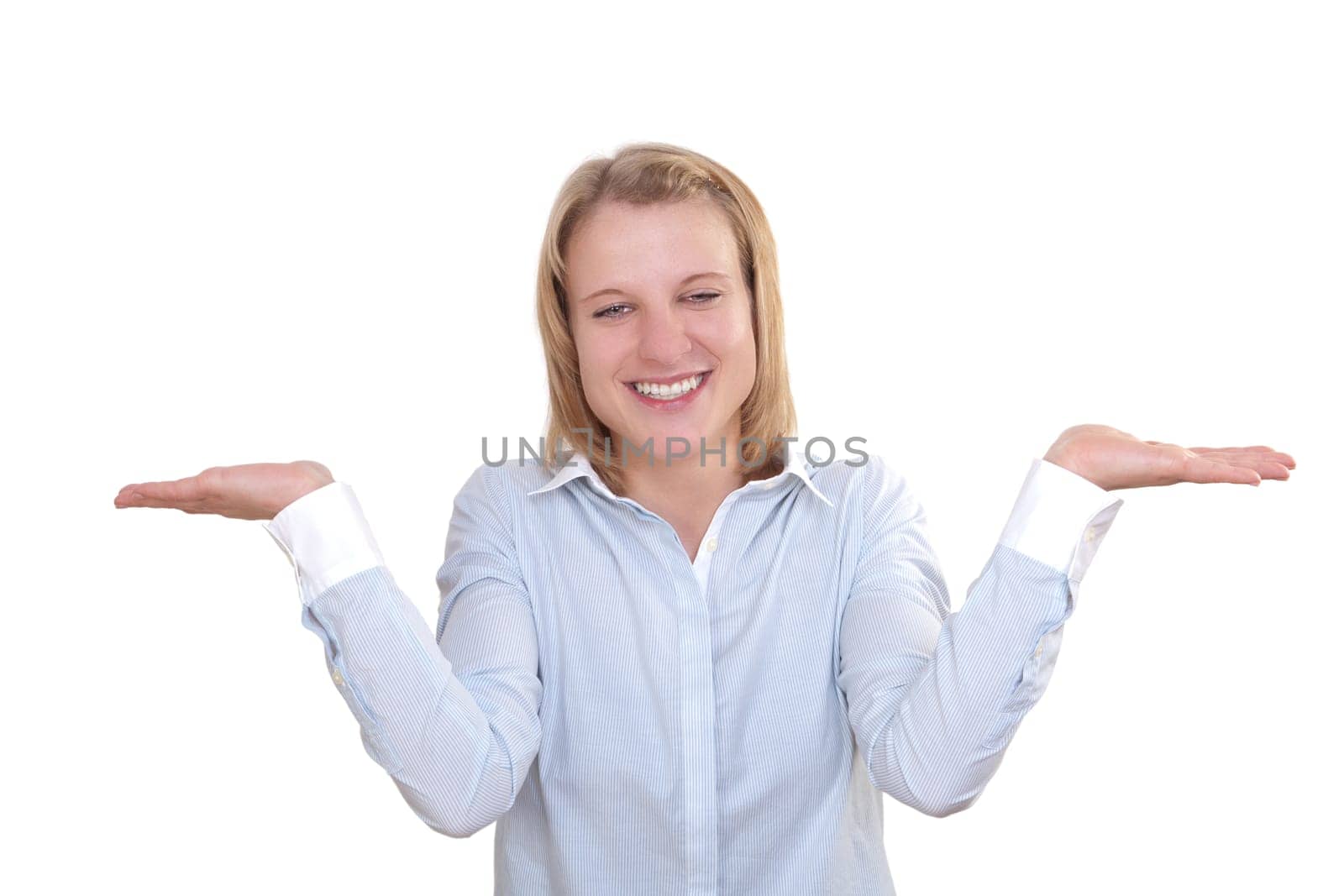 Young attractive woman innocently openly stretching her hands from body