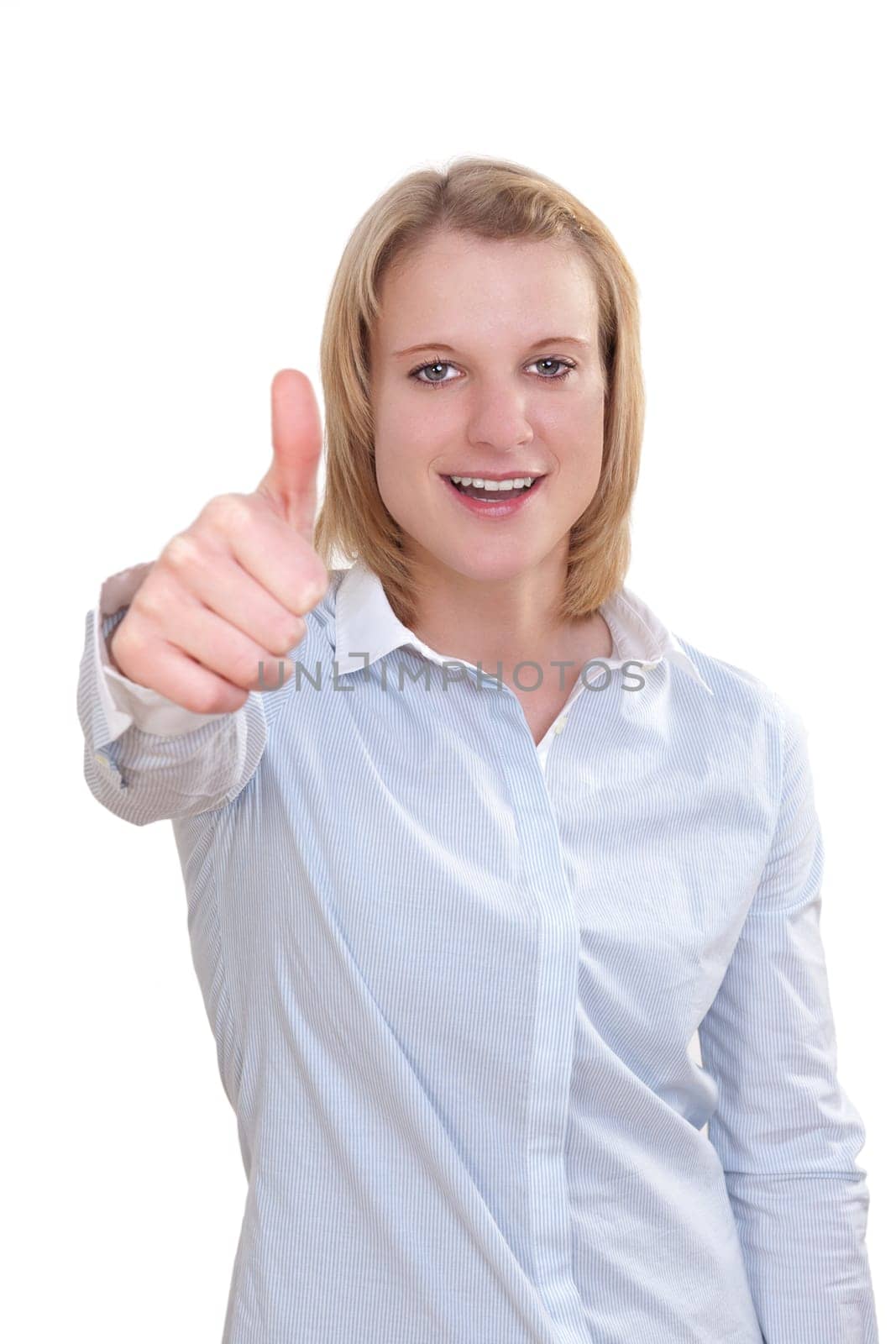 Young attractive woman holding thumbs up against white background