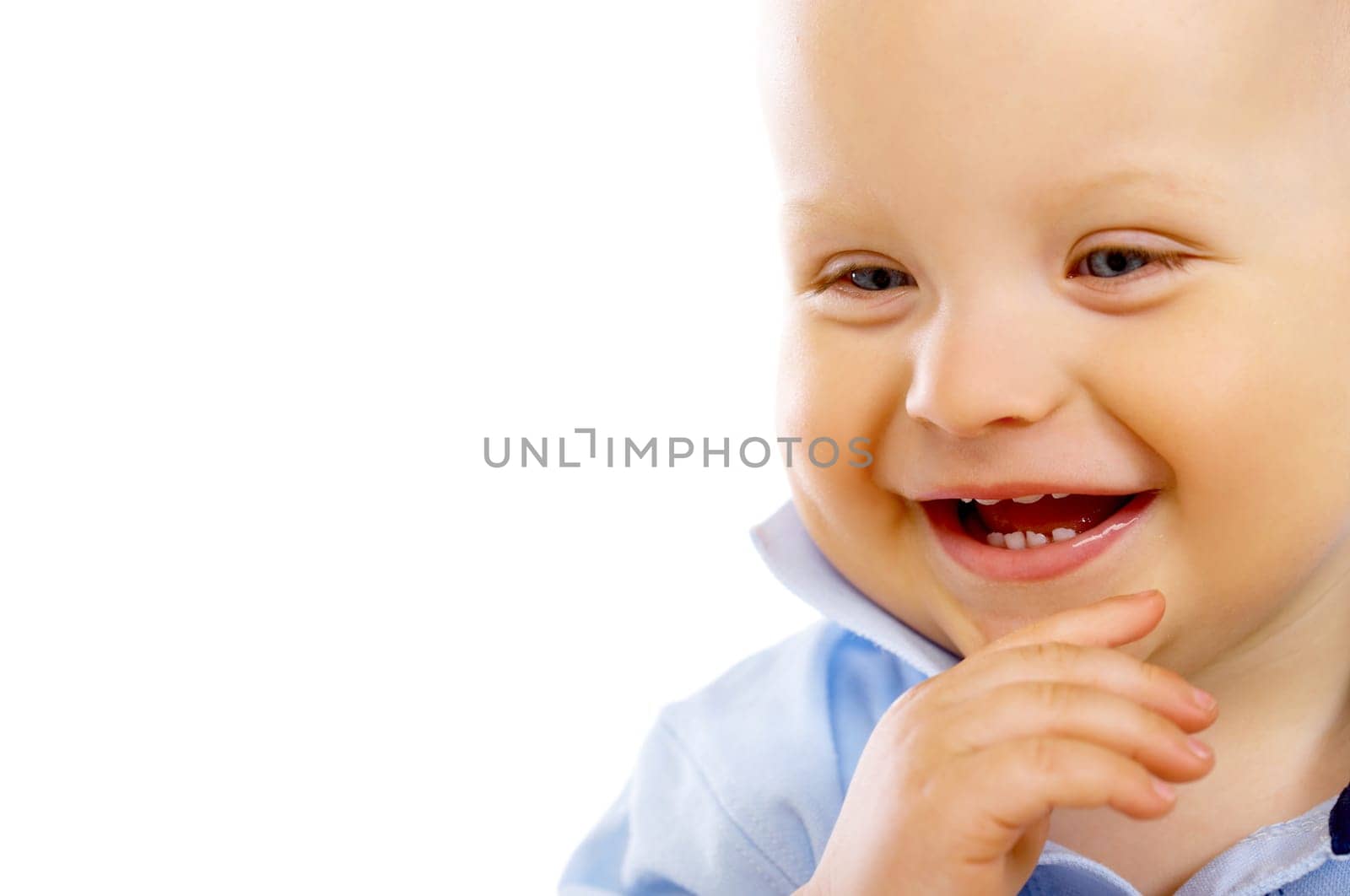 Portrait of sweet little baby boy on white background
