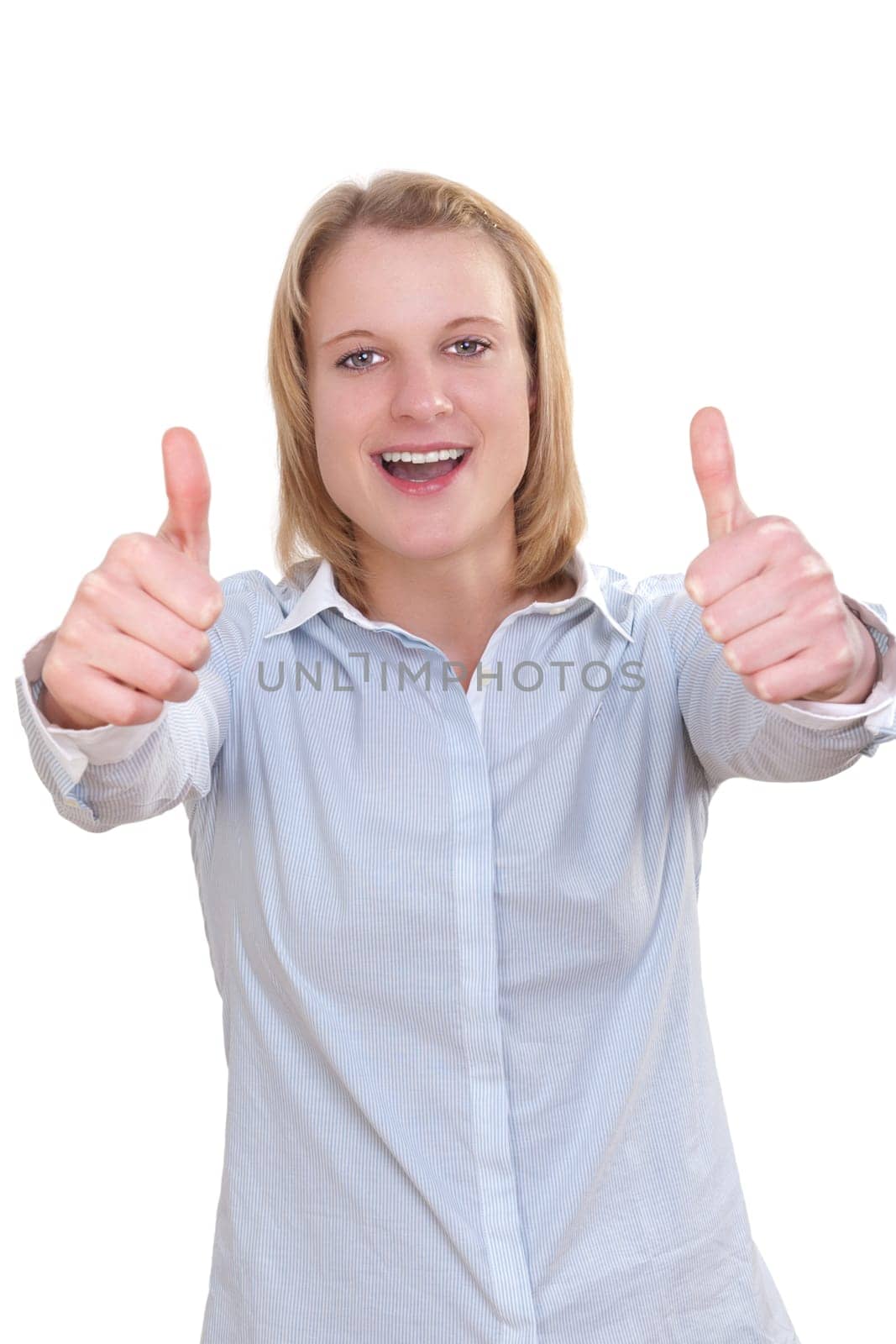 Young attractive woman holding both thumbs up against white background