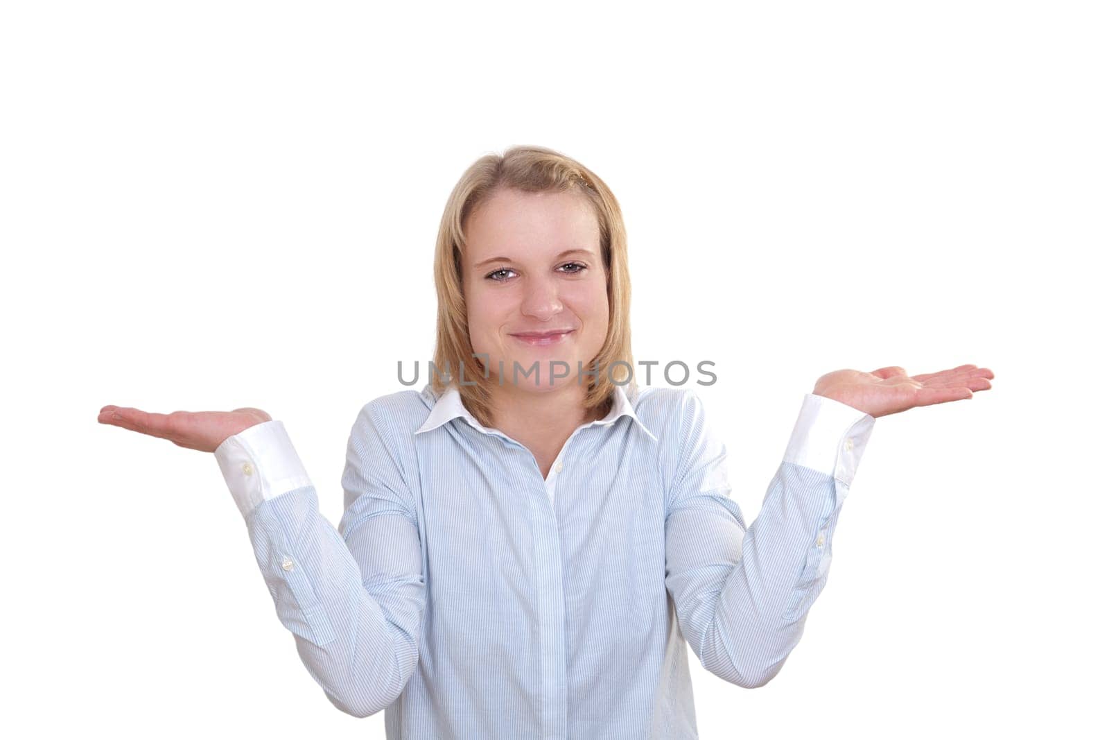 Young attractive woman innocently openly stretching her hands from body