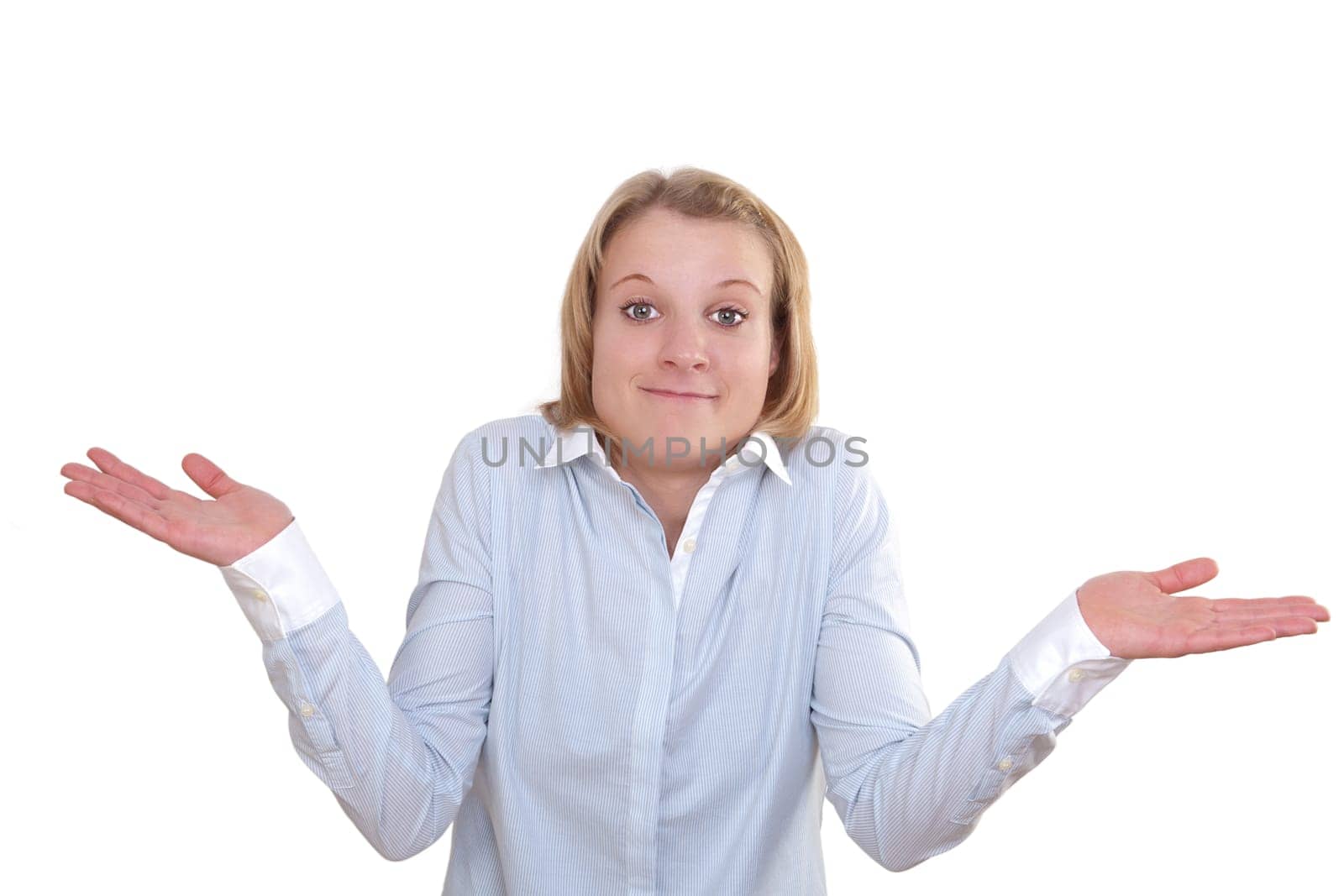 Young attractive woman innocently openly stretching her hands from body