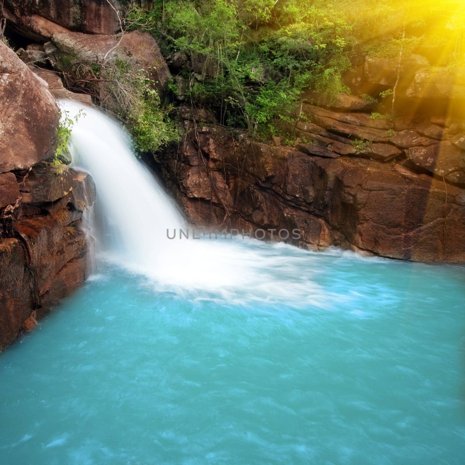 Waterfall pool in rain forest and sunlight