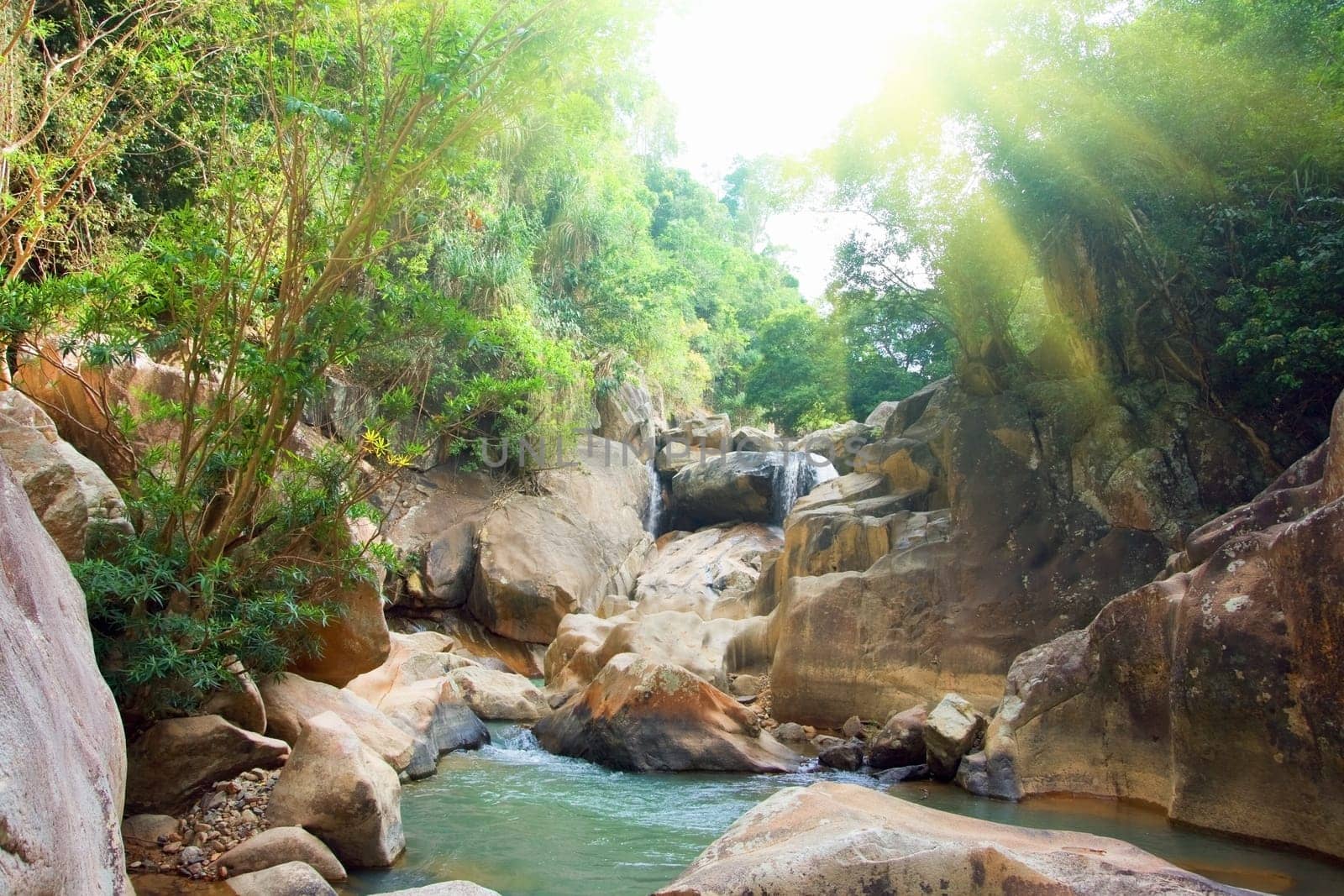 Waterfall pool in rain forest and sunlight