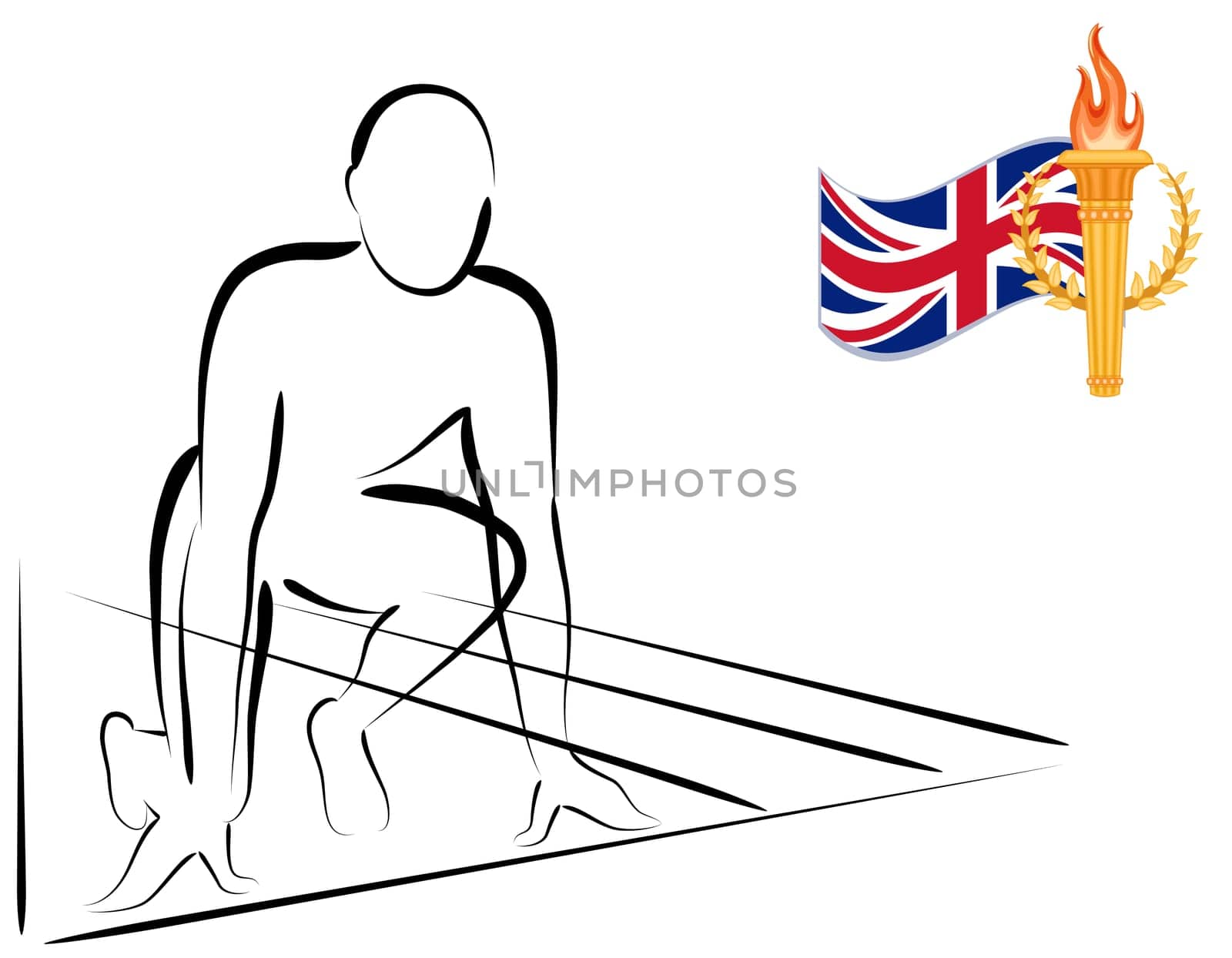 Athlete ready to start racing. With UK flag and gold torch.