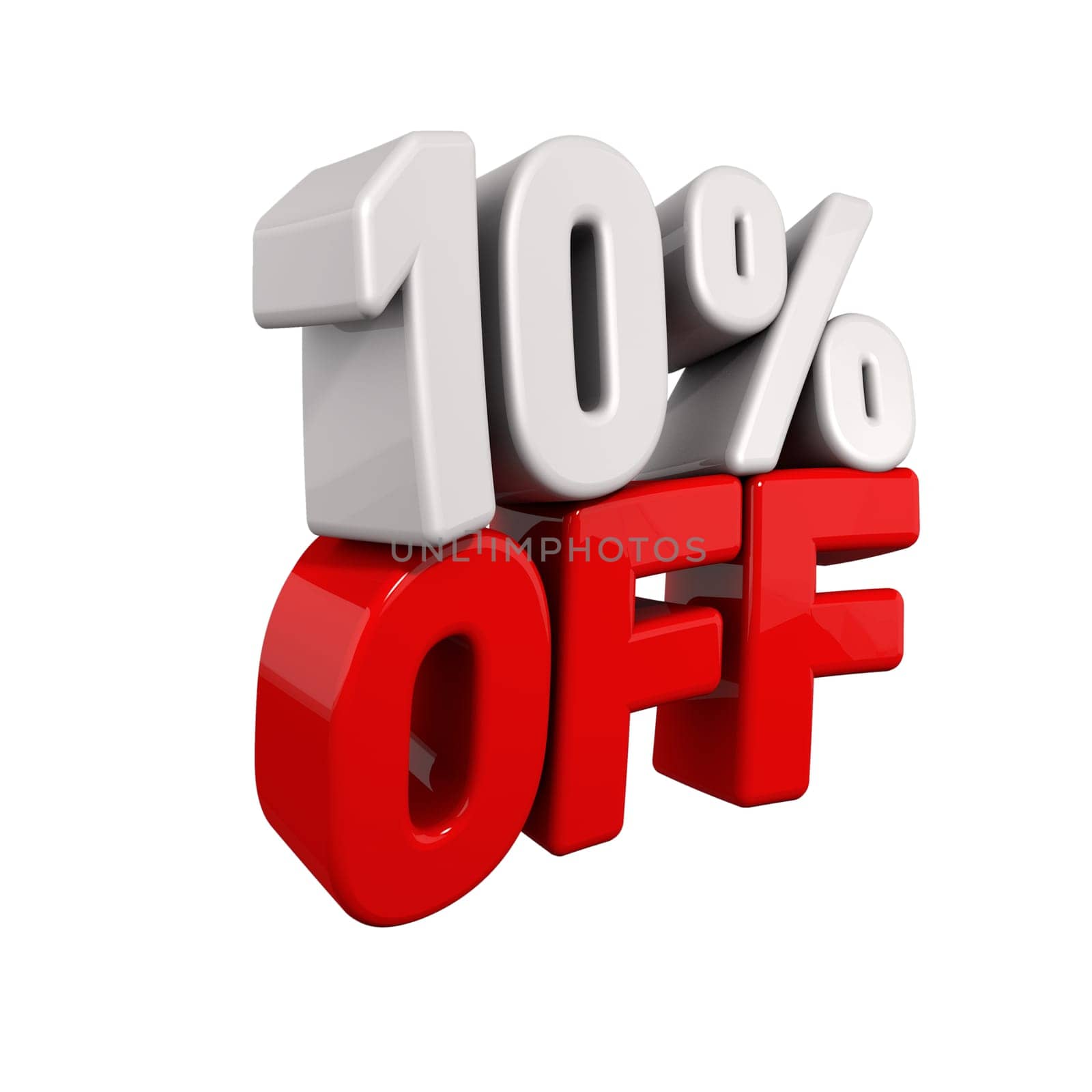 ten Percent Automatic Reduction. 3d text for 10% OFF in red and white angled obliquely away from camera isolated on white