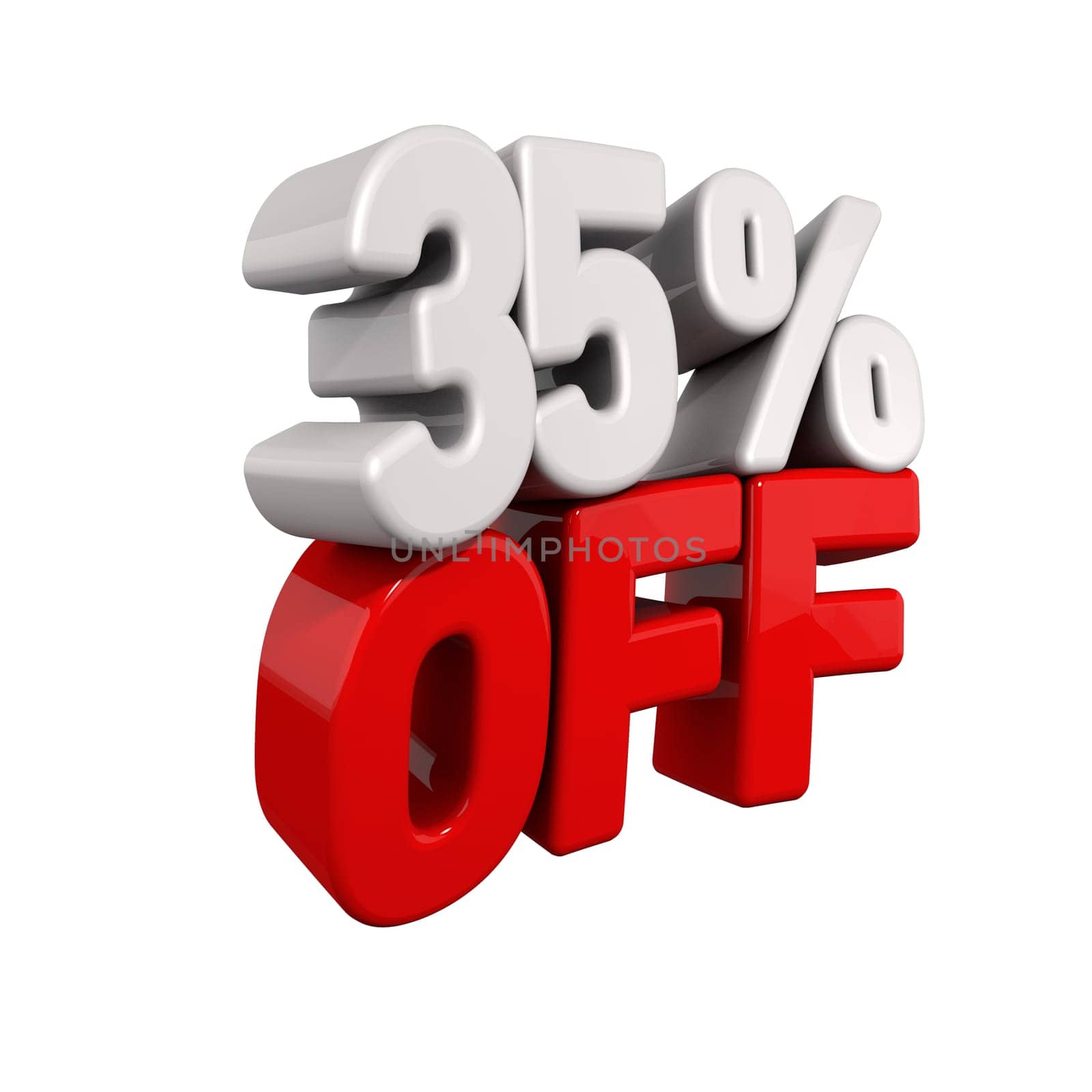 thirty-five Percent Automatic Reduction. 3d text for 35% OFF in red and white angled obliquely away from camera isolated on white