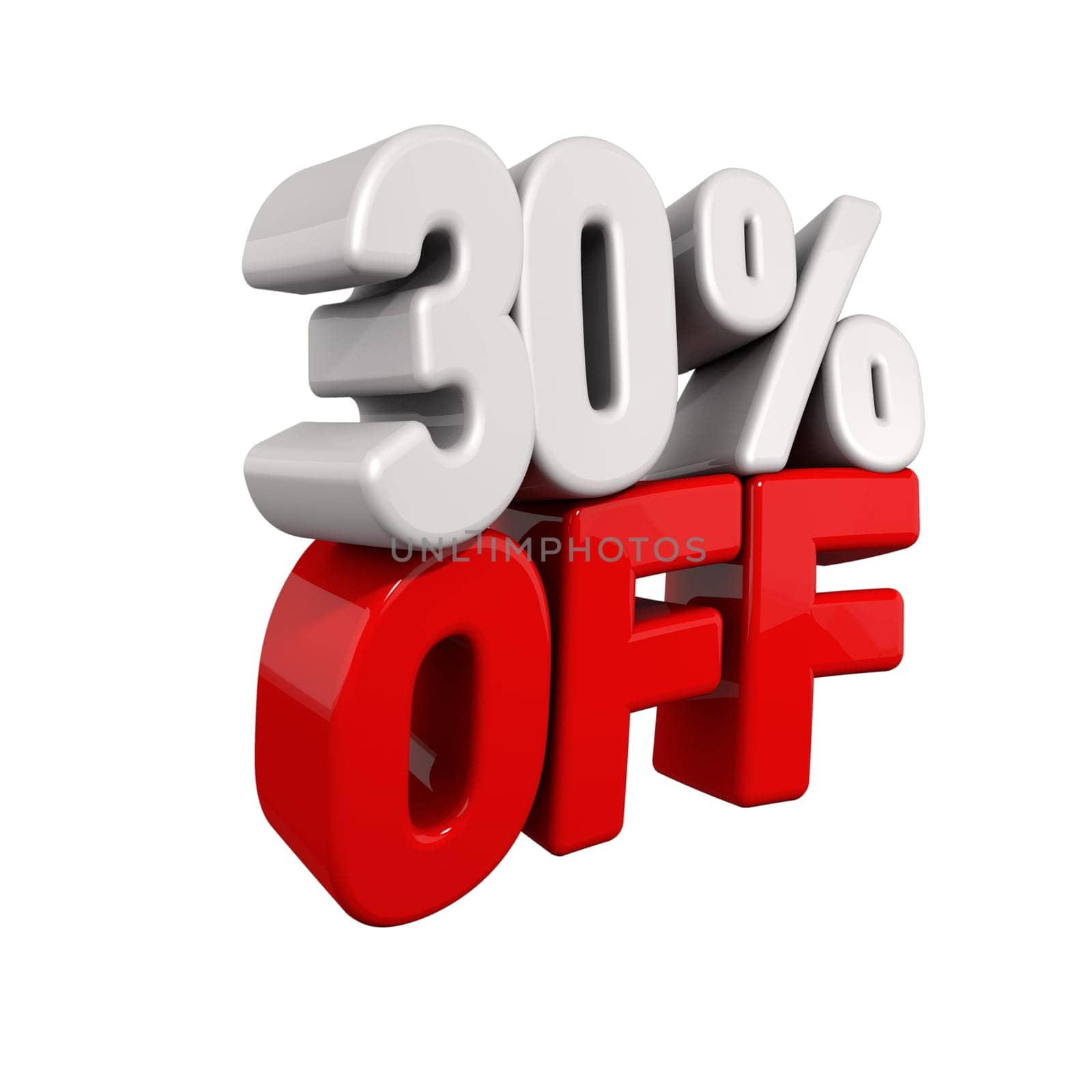 thirty Percent Automatic Reduction. 3d text for 30% OFF in red and white angled obliquely away from camera isolated on white