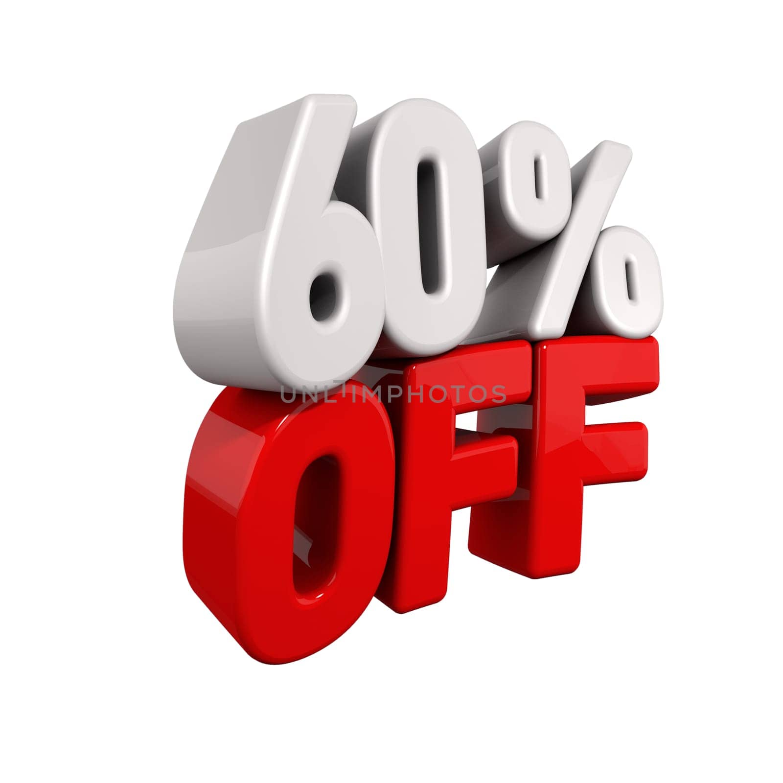 sixty Percent Automatic Reduction. 3d text for 60% OFF in red and white angled obliquely away from camera isolated on white