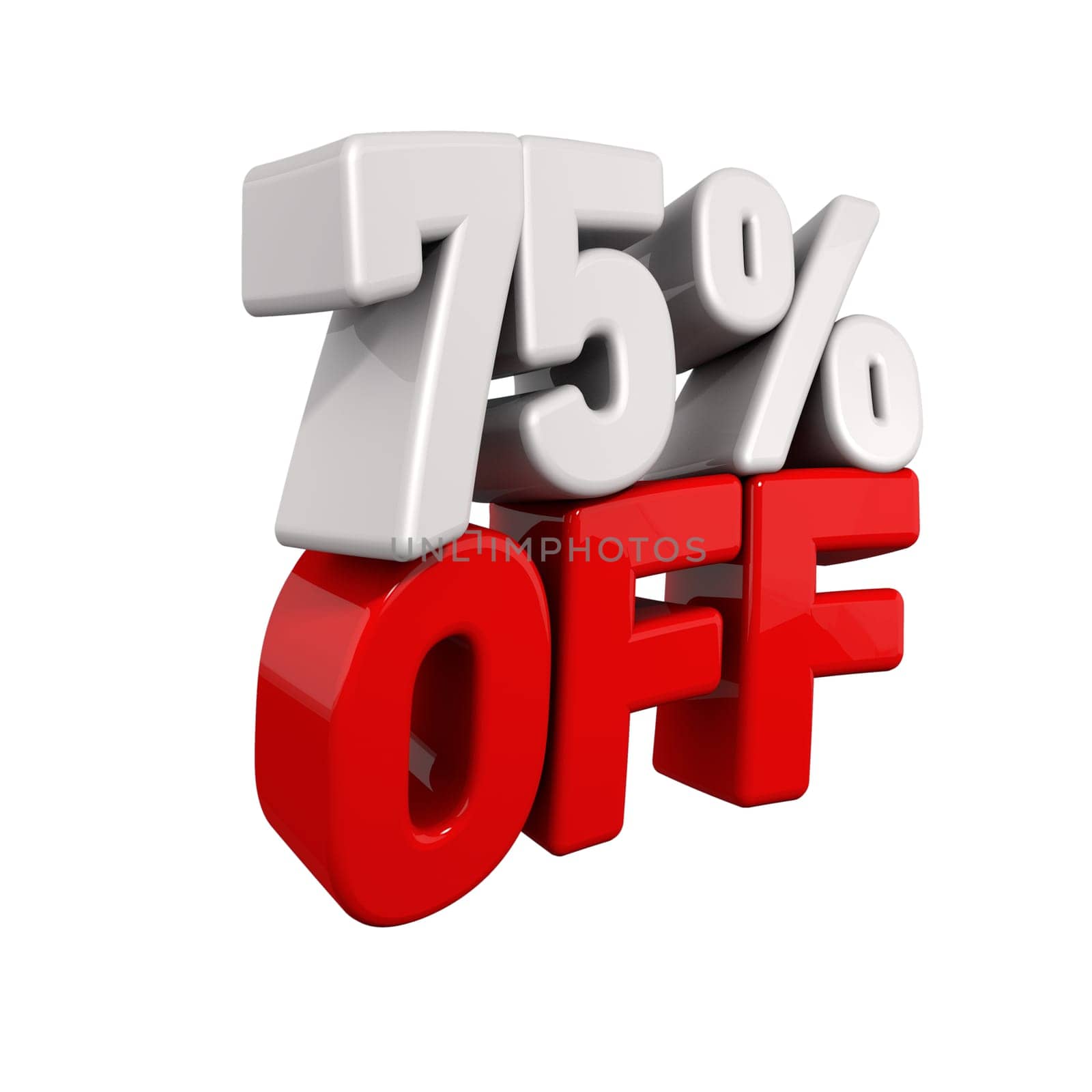 seventy-five Percent Automatic Reduction. 3d text for 75% OFF in red and white angled obliquely away from camera isolated on white