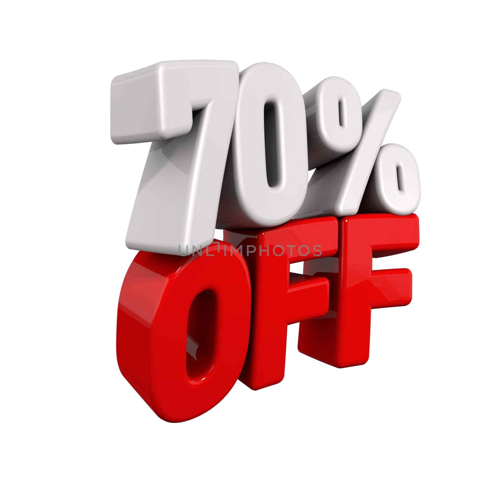 seventy Percent Automatic Reduction. 3d text for 70% OFF in red and white angled obliquely away from camera isolated on white
