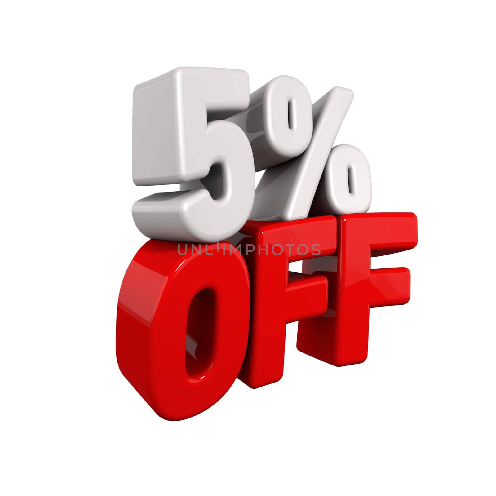 five Percent Automatic Reduction. 3d text for 5% OFF in red and white angled obliquely away from camera isolated on white