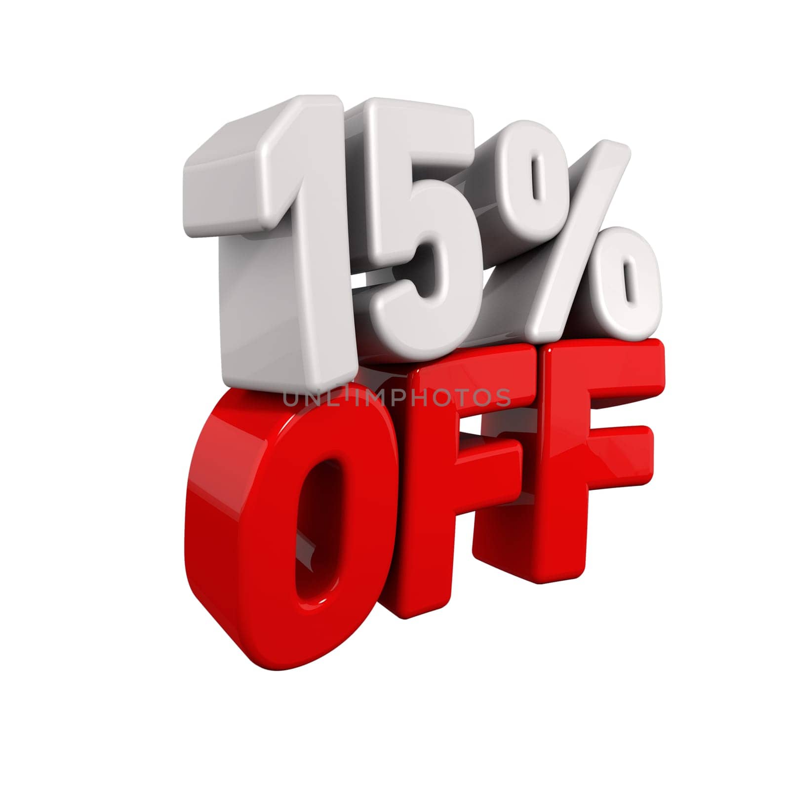 fifteen Percent Automatic Reduction. 3d text for 15% OFF in red and white angled obliquely away from camera isolated on white