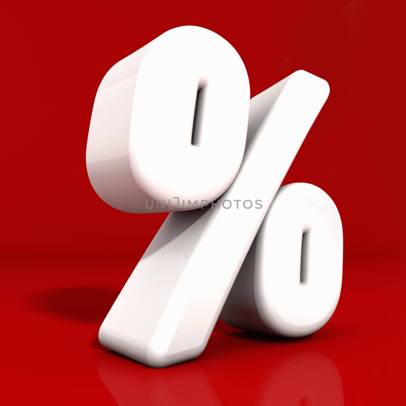 3d white percentage icon with rounded edges and reflection obliquely angled on red
