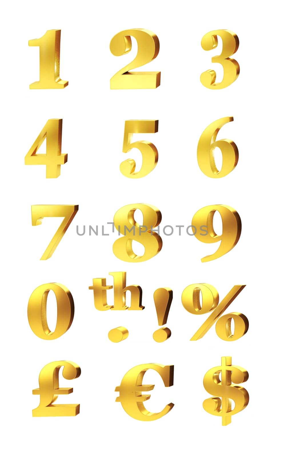 3d set of gold numerals, percentage and currency symbols for pound, dollar and euro isolated on white