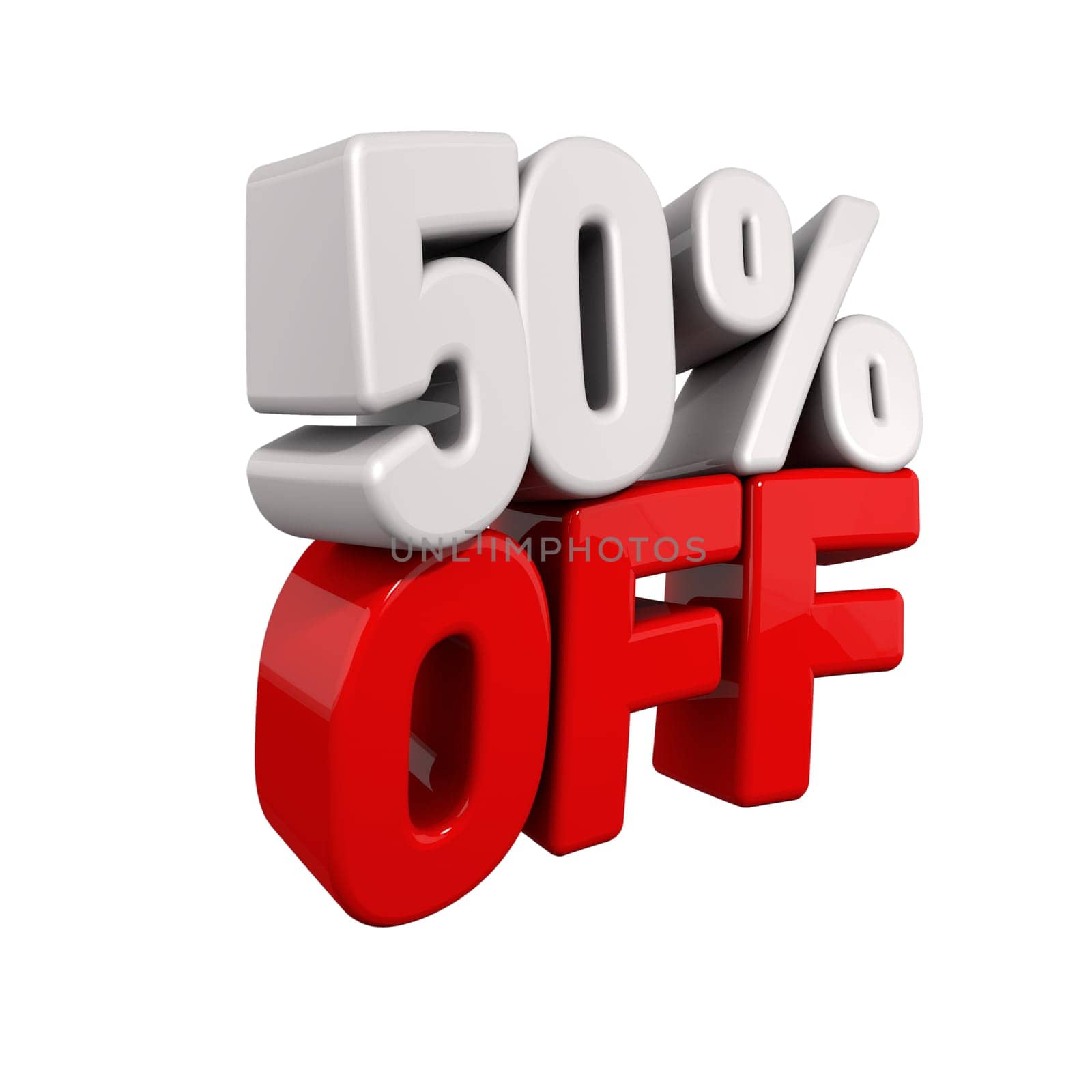 fifty Percent Automatic Reduction. 3d text for 50% OFF in red and white angled obliquely away from camera isolated on white