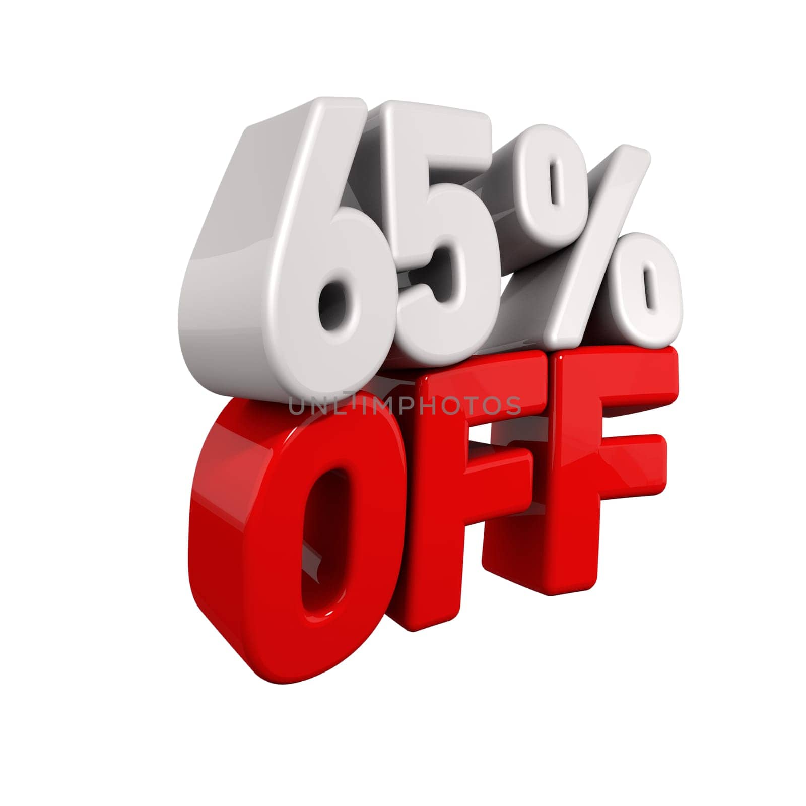 sixty-five Percent Automatic Reduction. 3d text for 65% OFF in red and white angled obliquely away from camera isolated on white