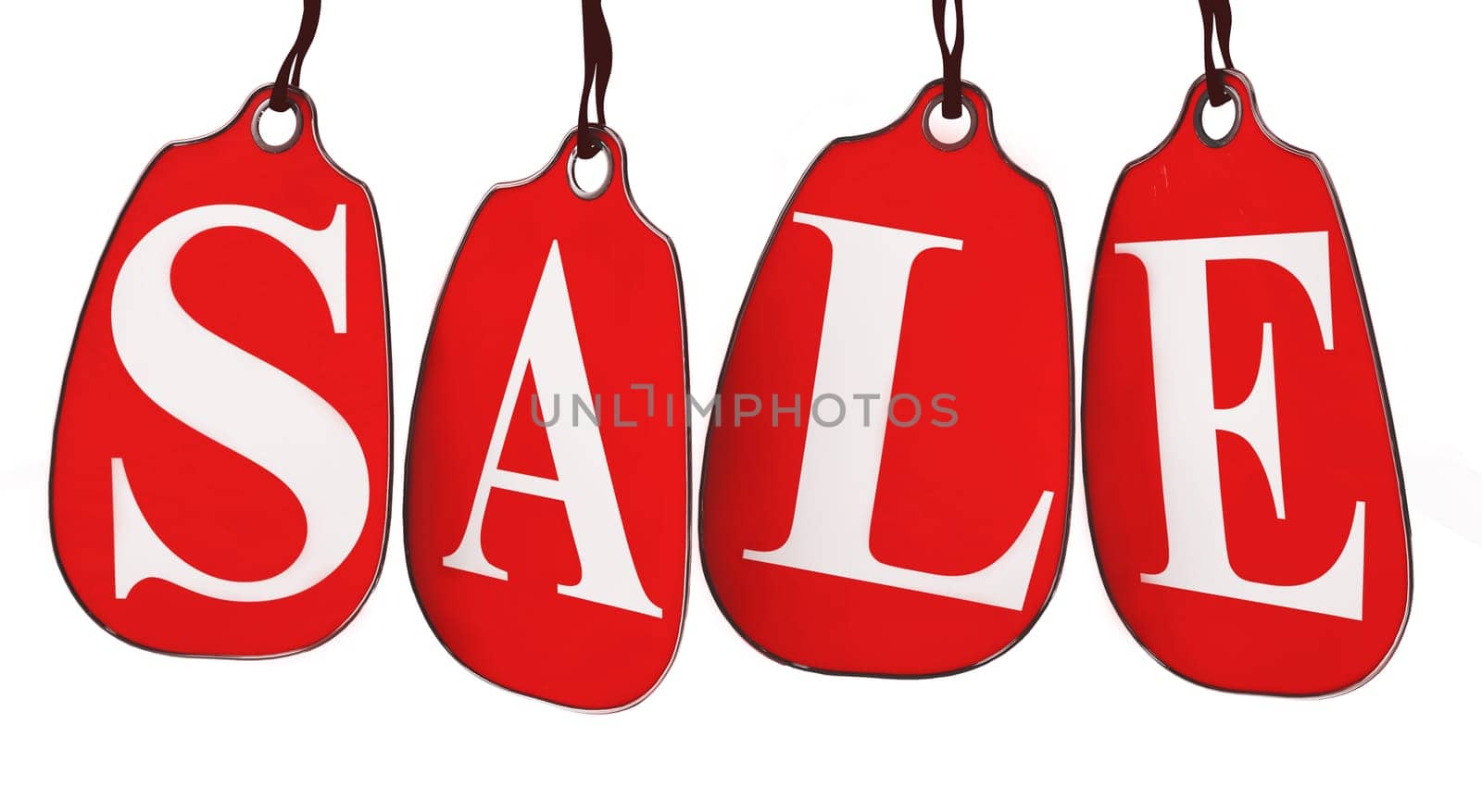 Red Sale Tags. Four red tags with the letters S,A,L,E on them hanging on hooks isolated on white.