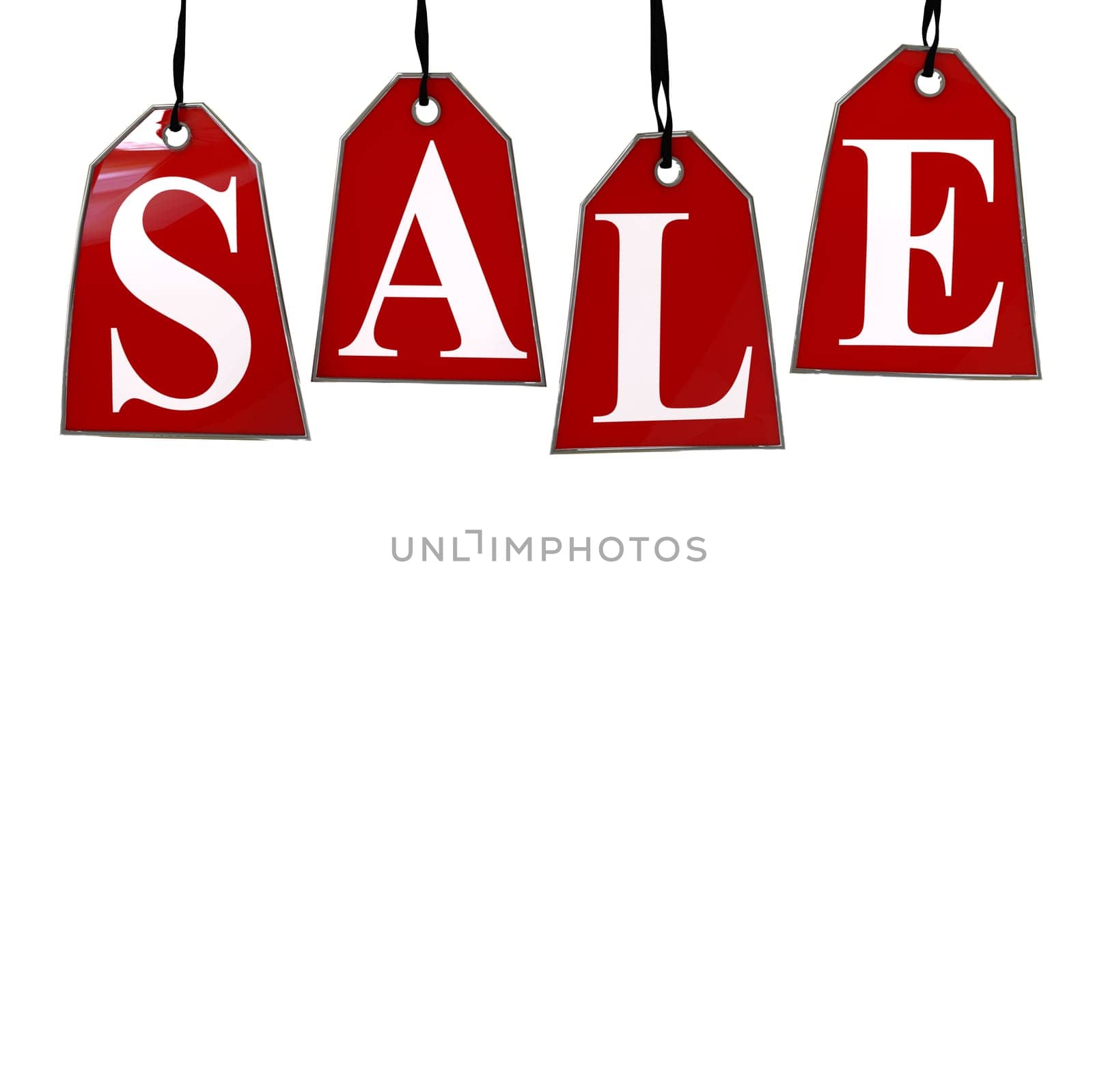 Red Sale Tags. Four red tags with the letters S,A,L,E on them hanging on hooks isolated on white.