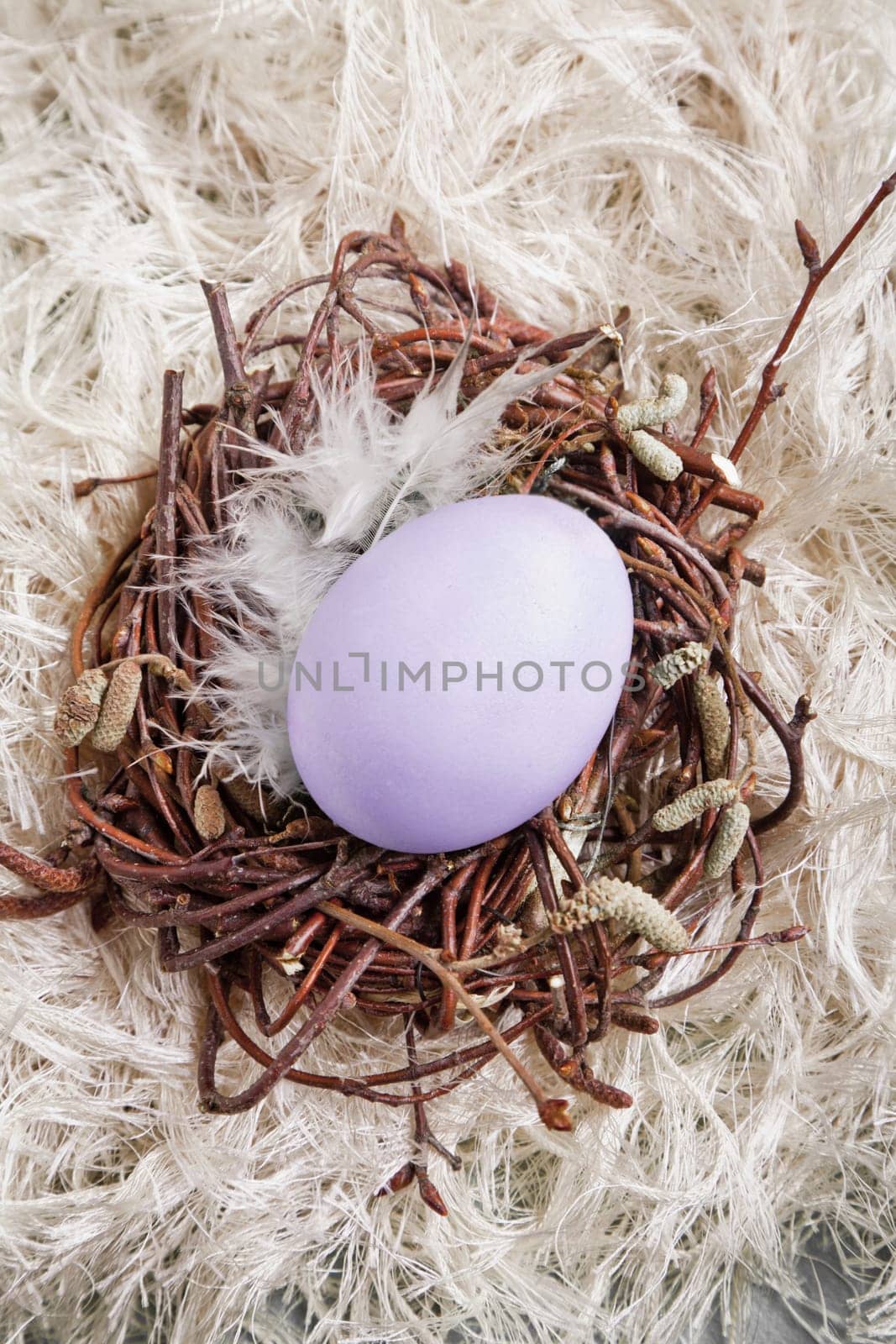Colored egg in a small nest with wool background