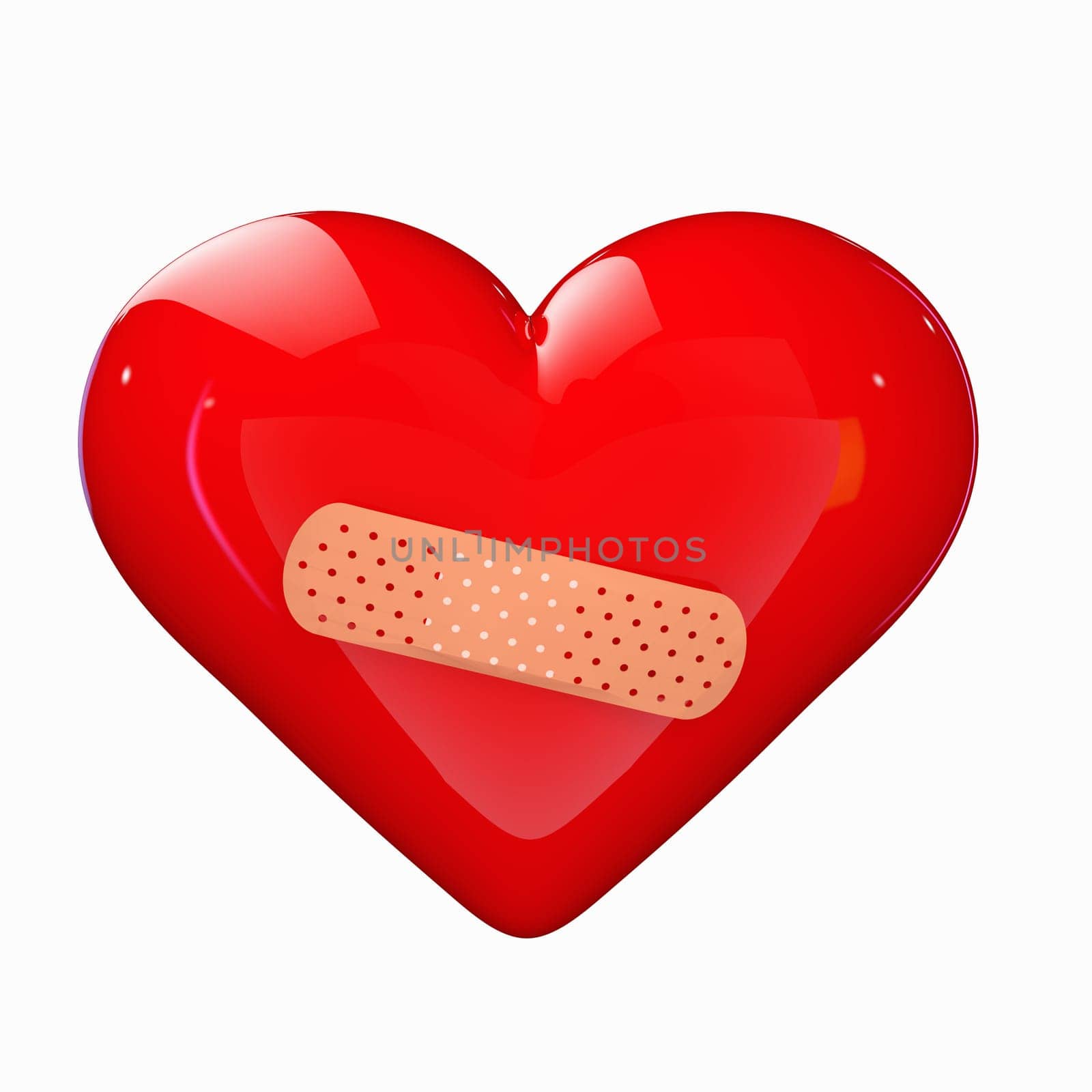 a red heart with a band-aid isolated on white