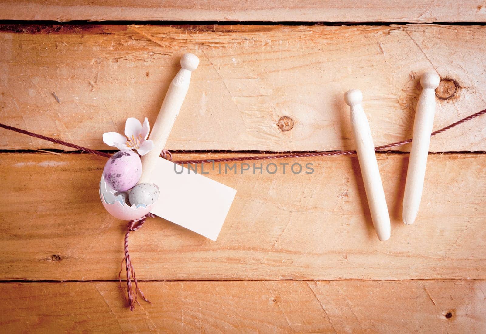 Country Easter Eggs with a blank label hanging from wooden pegs against old wooden planks.