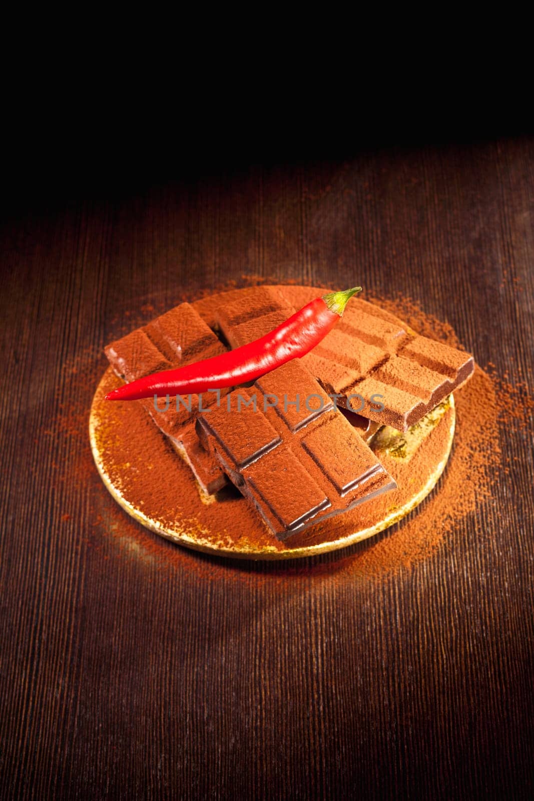 Chocolate with pepperoni and cocoa on a golden dish