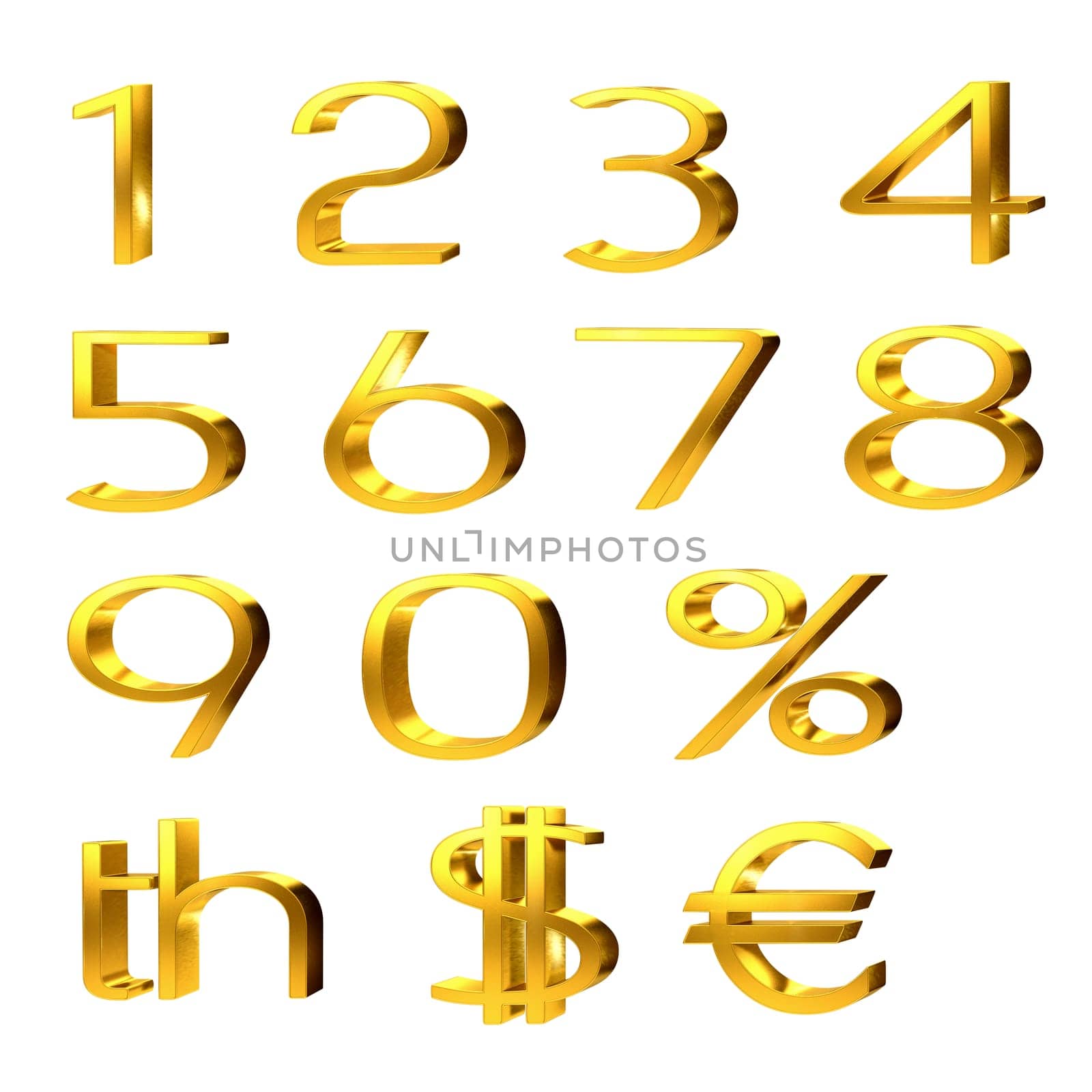 3d set of gold numerals, percentage and currency symbols for pound, dollar and euro isolated on white