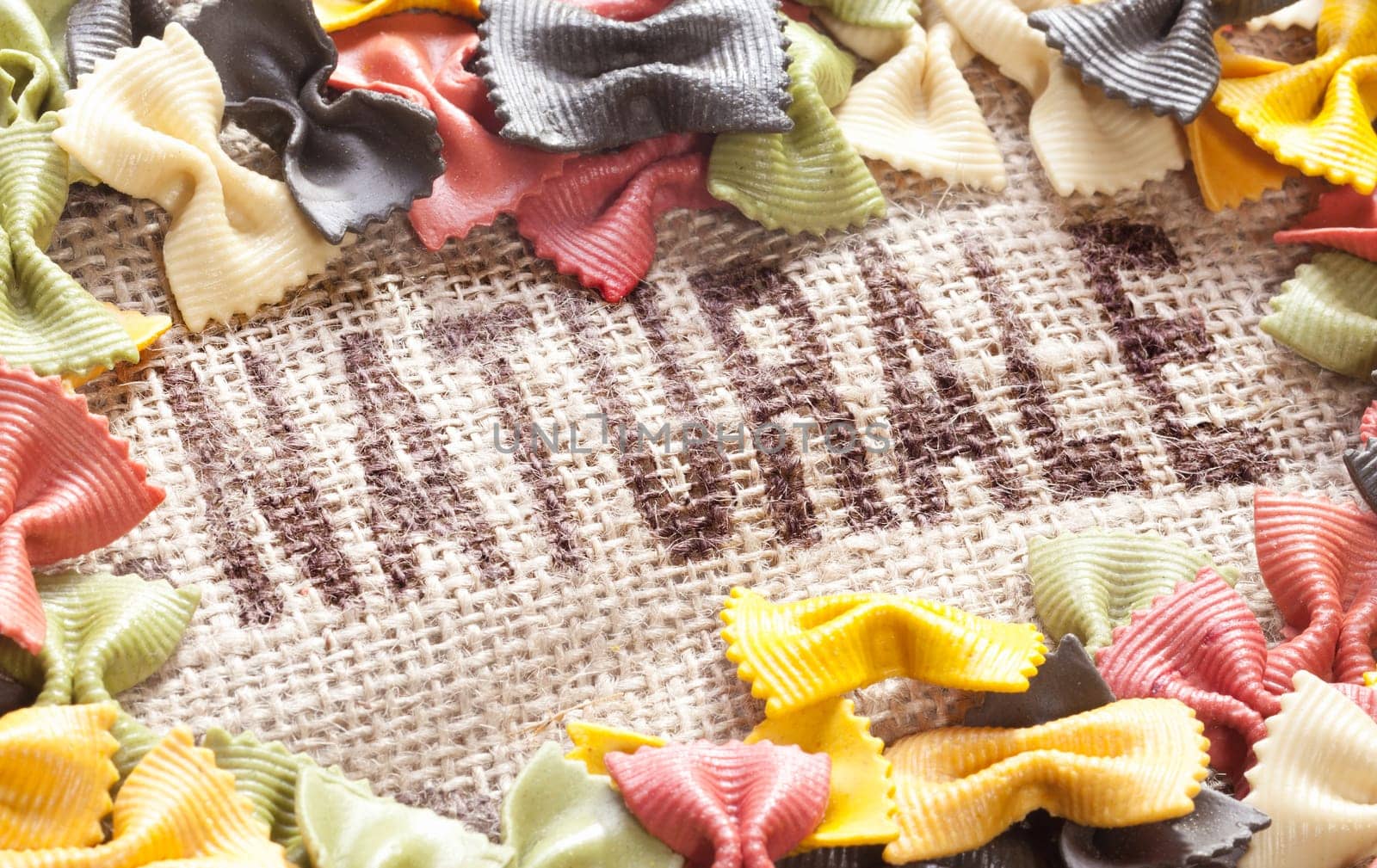 Different noodles on a fabric bag printed.